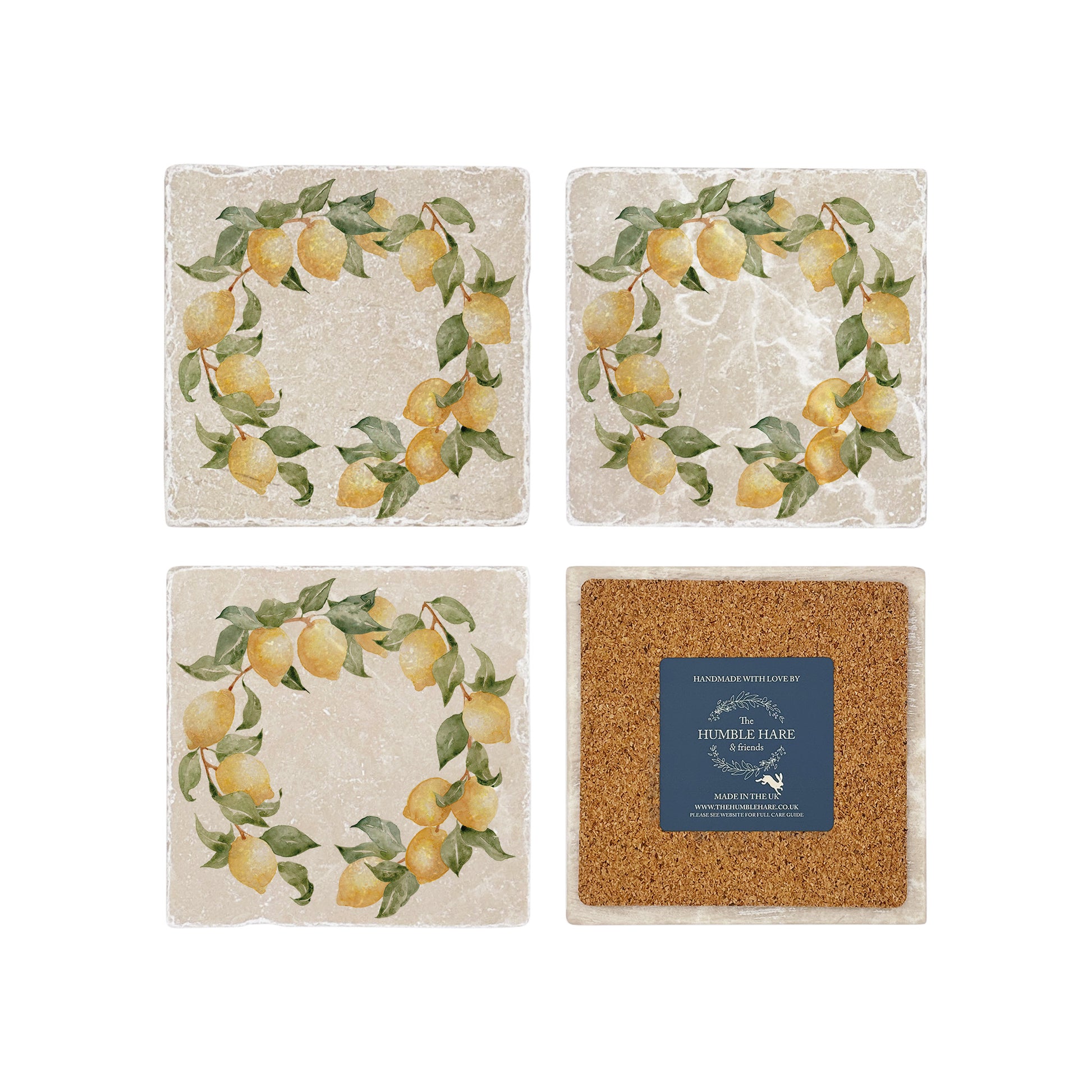 A set of 4 square marble coasters, featuring a rustic watercolour wreath of lemon branches.