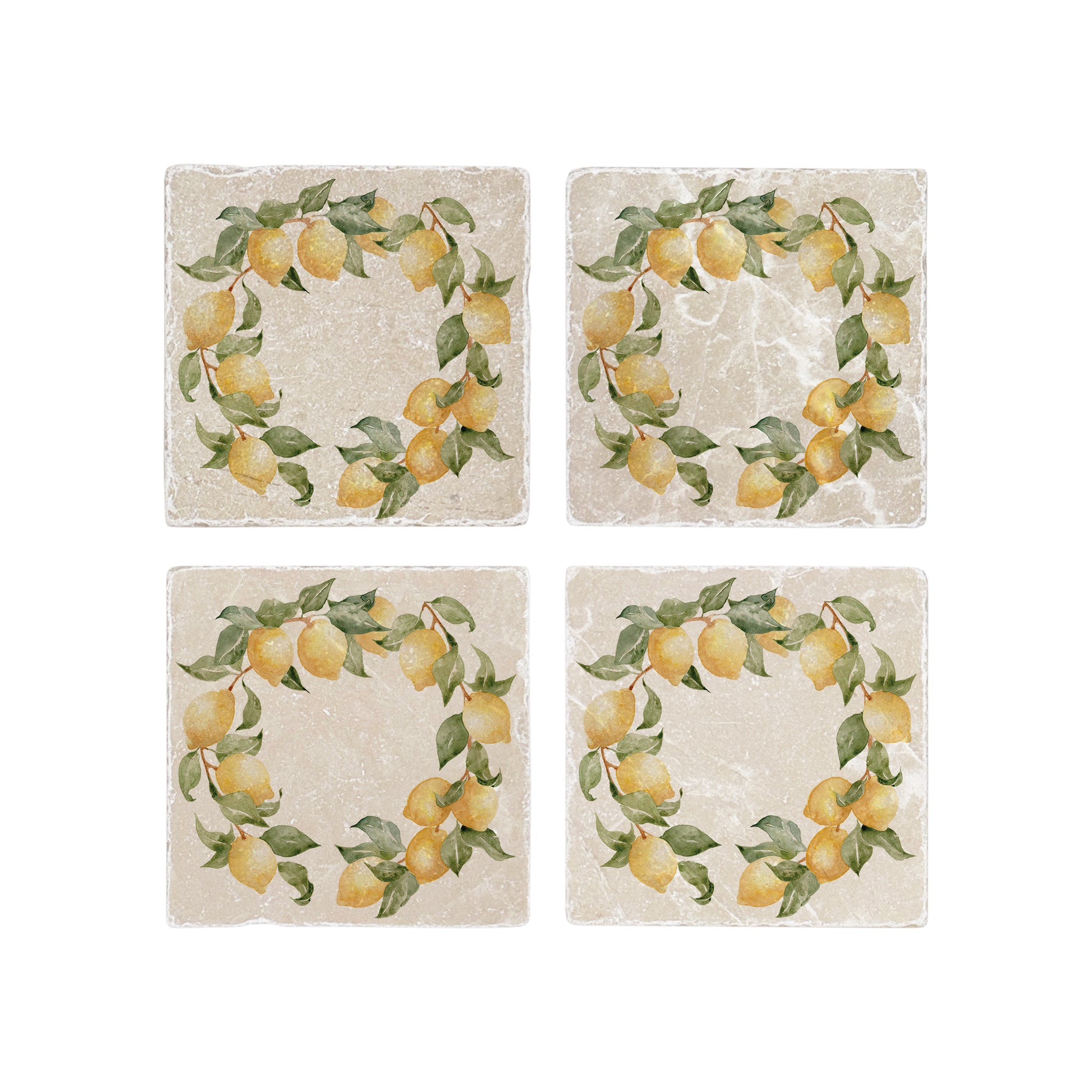 A set of 4 square marble coasters, featuring a rustic watercolour wreath of lemon branches.