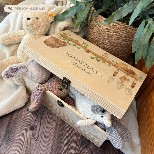 Large wooden pine gift box, The perfect Personalised keepsake, memory box, storage box with  some mischievous mice playing on a wooden shelf filled with gardening tools and plant pots, there is also a small snail on the shelf. The design  features our classic gentle watercolour style. get organised with unique storage solutions