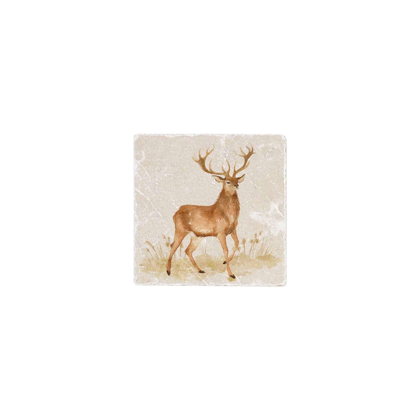 A handmade 10x10cm marble splashback tile featuring a watercolour design of a majestic stag.
