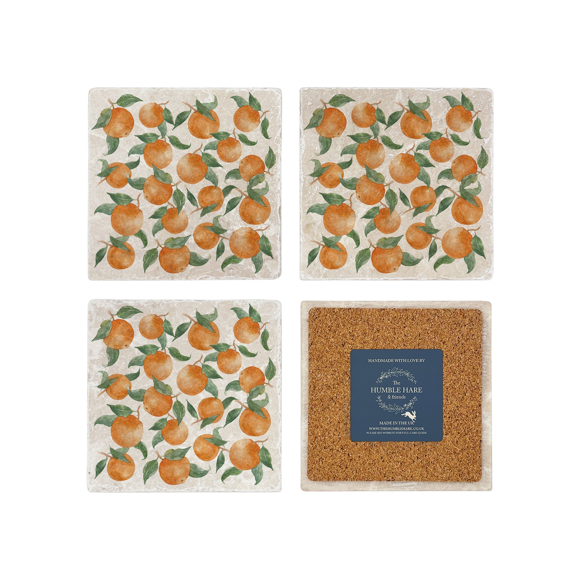 A set of 4 square marble coasters, featuring a rustic watercolour wreath of orange branches.