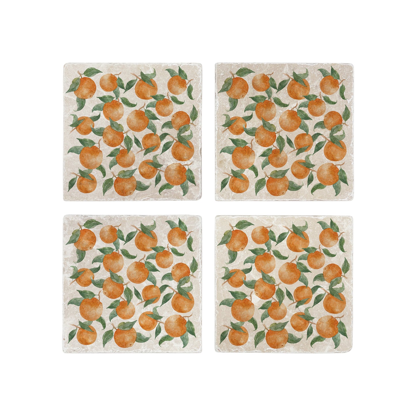 A set of 4 square marble coasters, featuring a rustic watercolour wreath of orange branches.