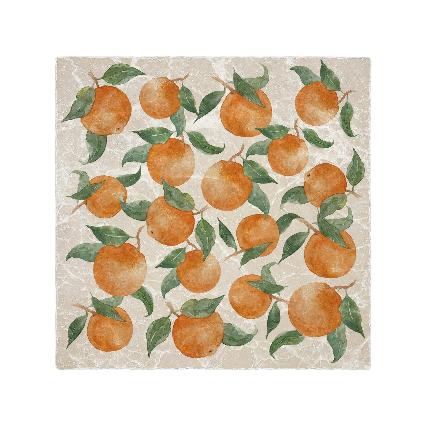 A large multipurpose marble platter with a watercolour pattern of tumble Mediterranean oranges and leaves.