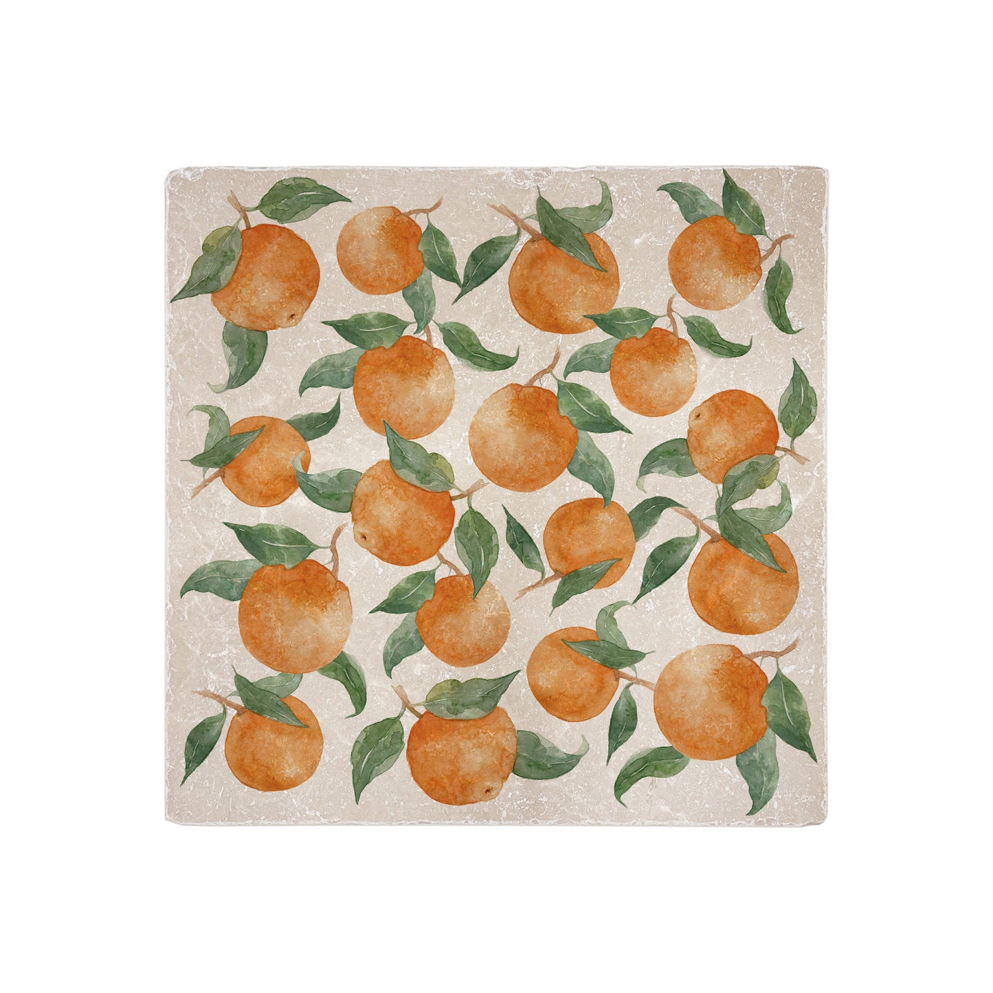 A medium square multipurpose marble platter, featuring a watercolour design with a pattern of oranges with leaves.