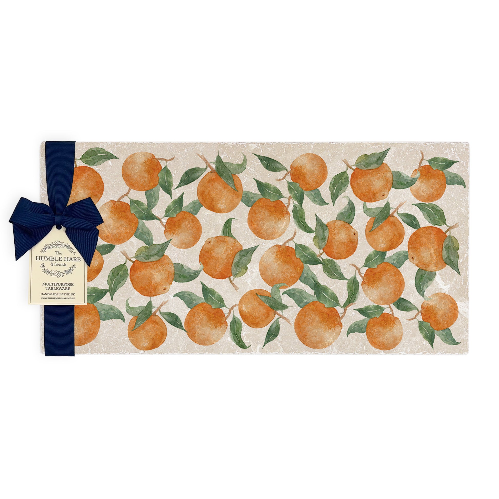 A rectangular marble sharing platter, featuring a maximalist watercolour orange pattern.