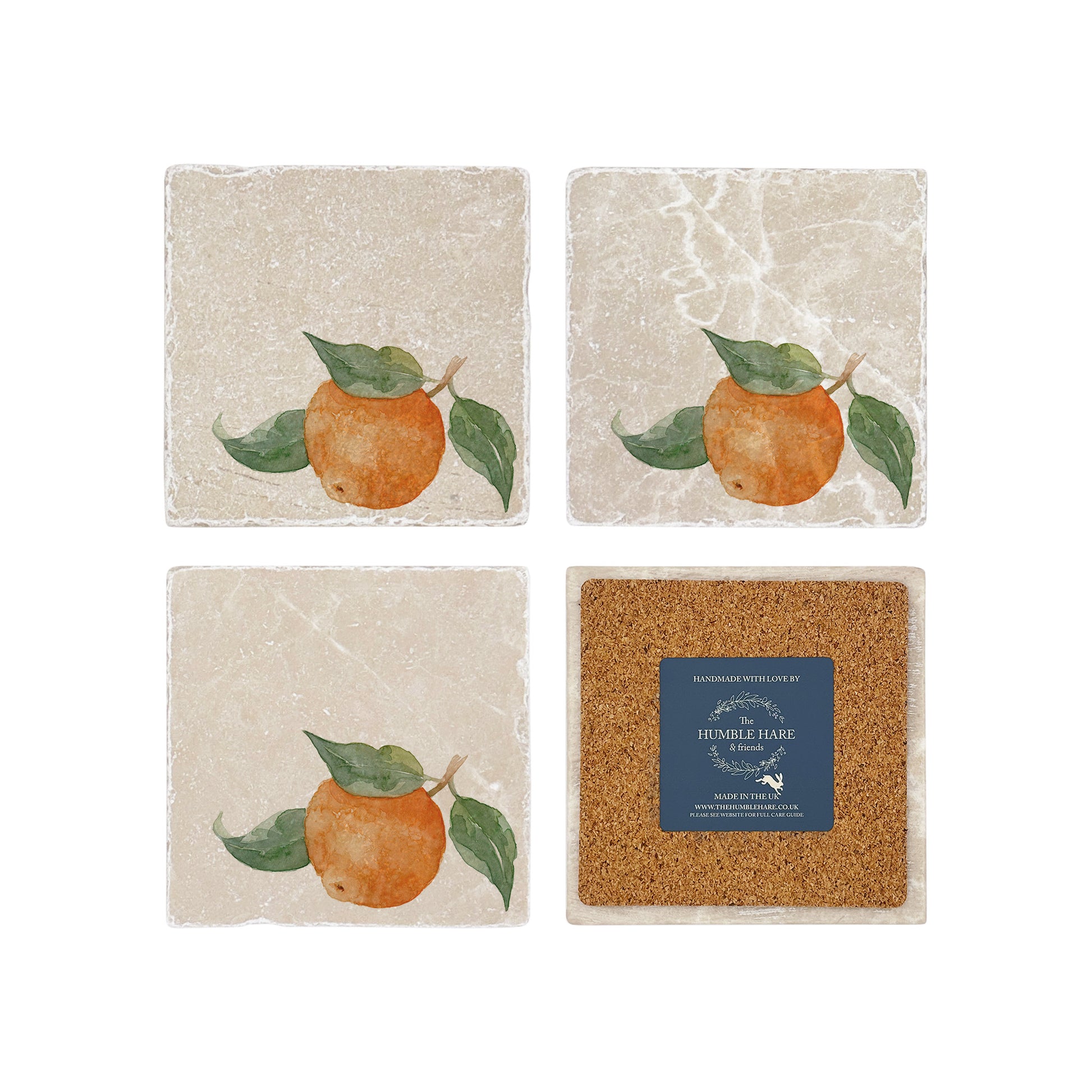 A set of 4 square marble coasters, featuring a rustic watercolour wreath of orange branches.