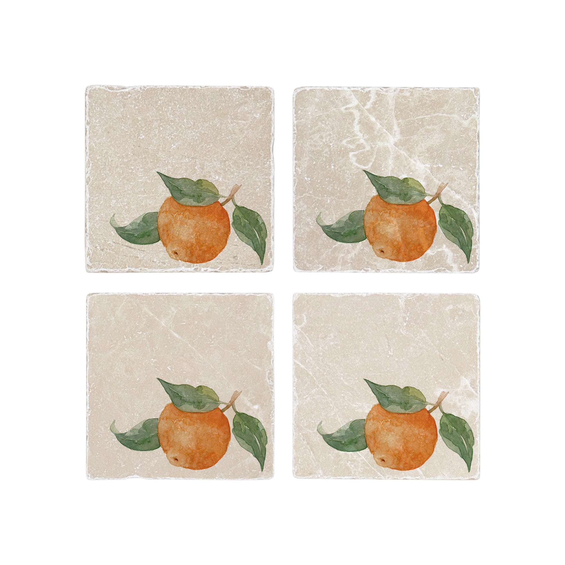 A set of 4 square marble coasters, featuring a rustic watercolour wreath of orange branches.