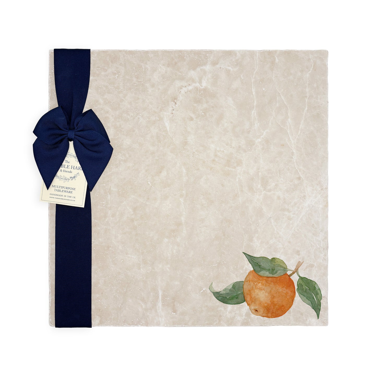 A large multipurpose marble platter with a minimalistic fruit watercolour orange design. great Mediterranean vibe