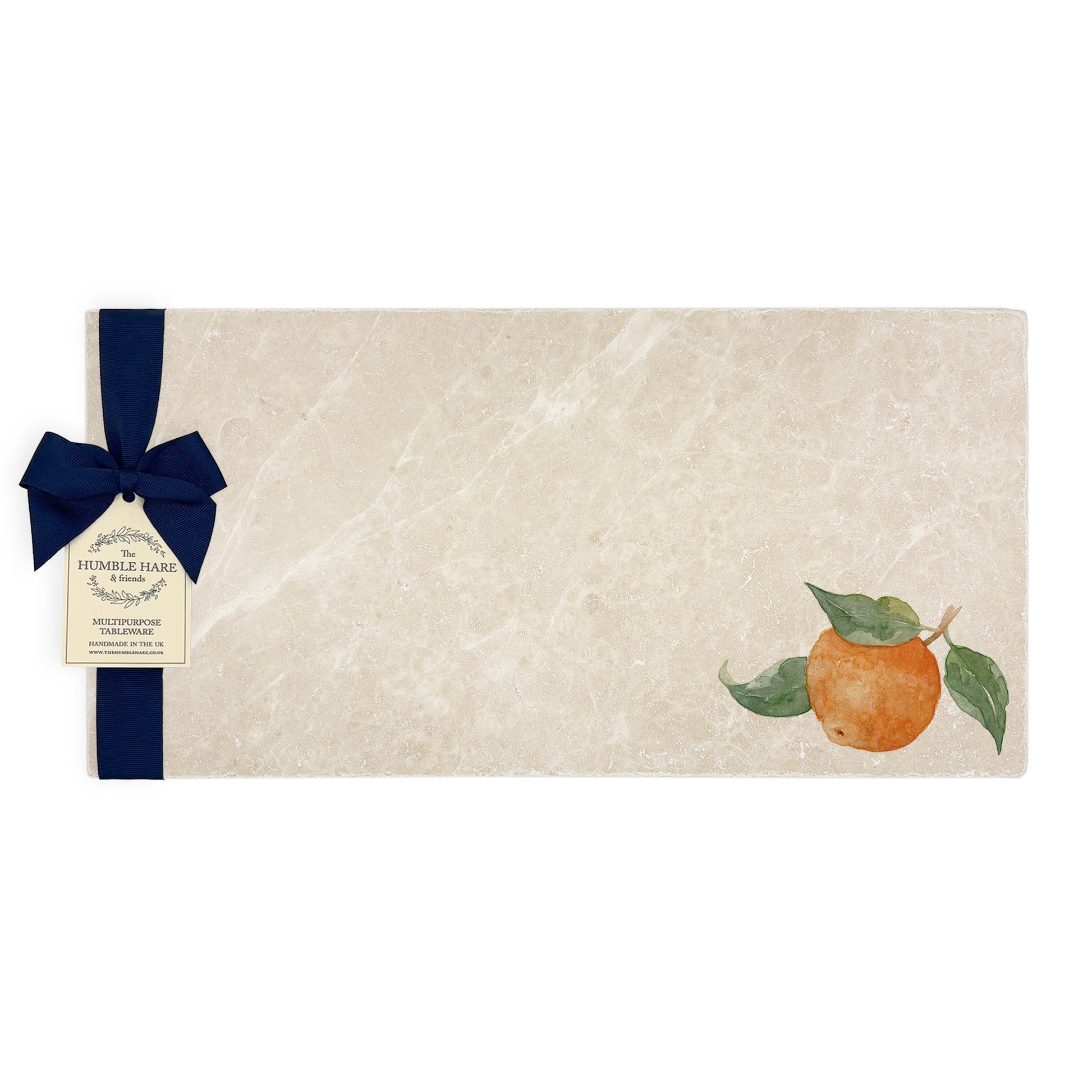 A rectangular marble sharing platter, featuring a watercolour design of a single orange with leaves.