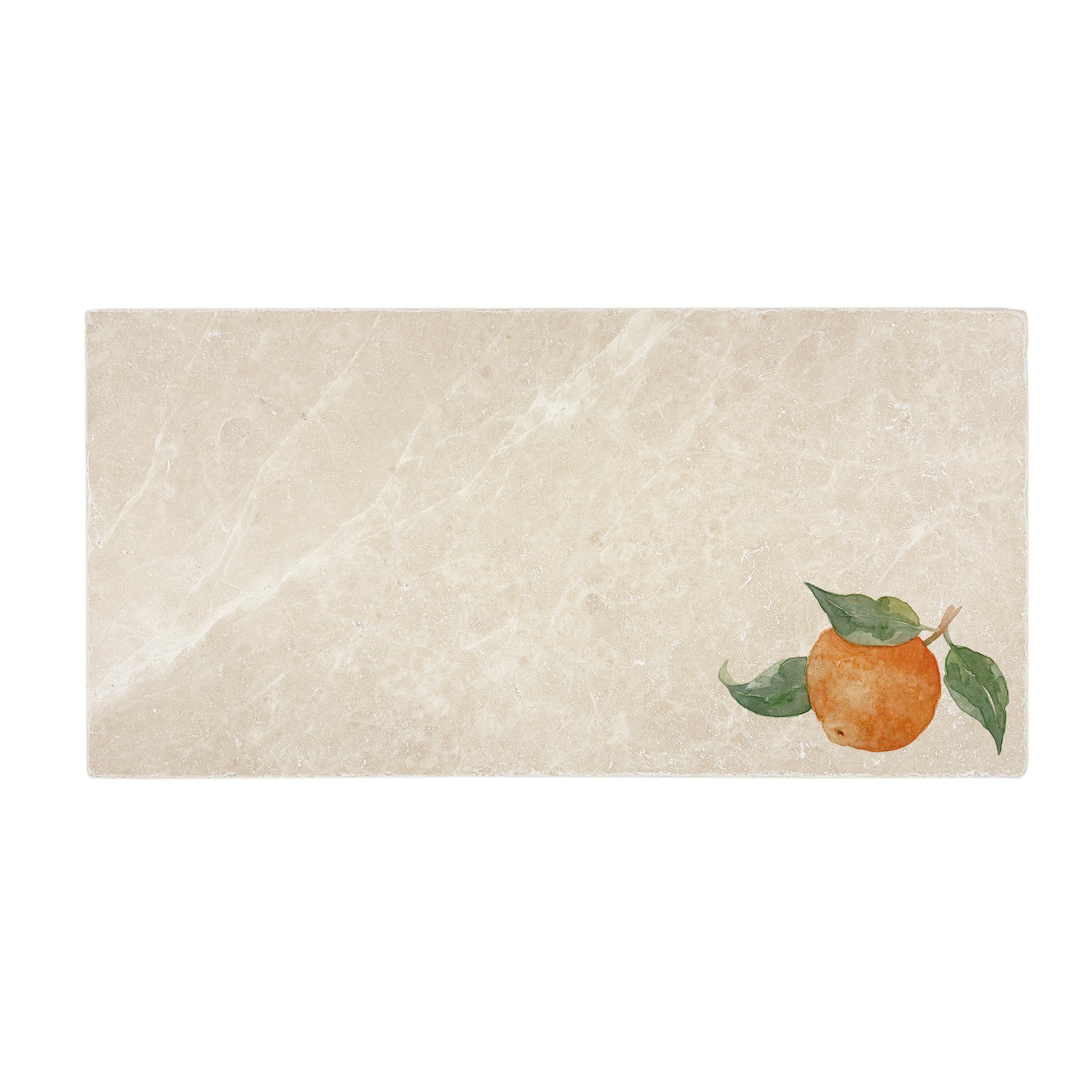 A rectangular marble sharing platter, featuring a watercolour design of a single orange with leaves.