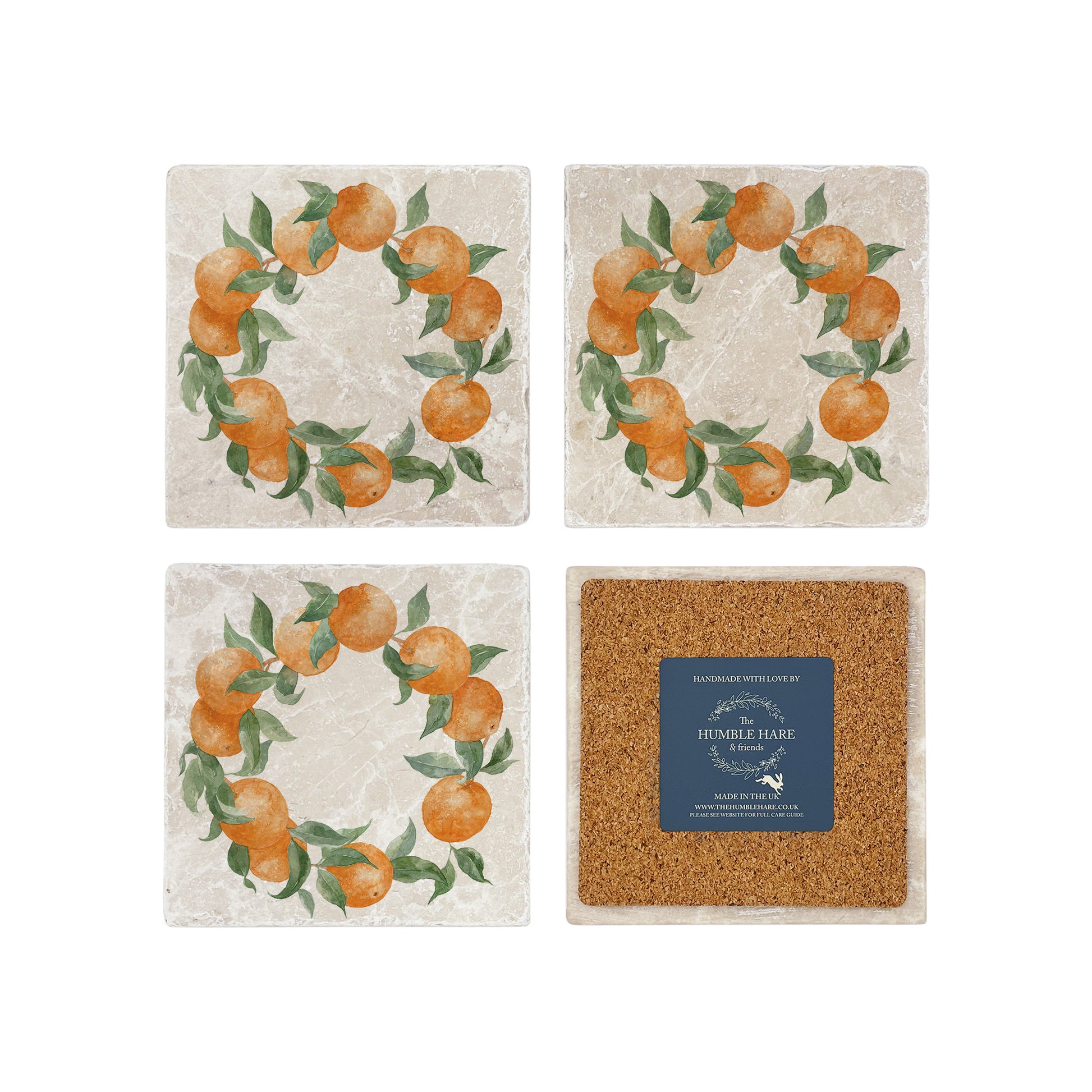 A set of 4 square marble coasters, featuring a rustic watercolour wreath of orange branches.