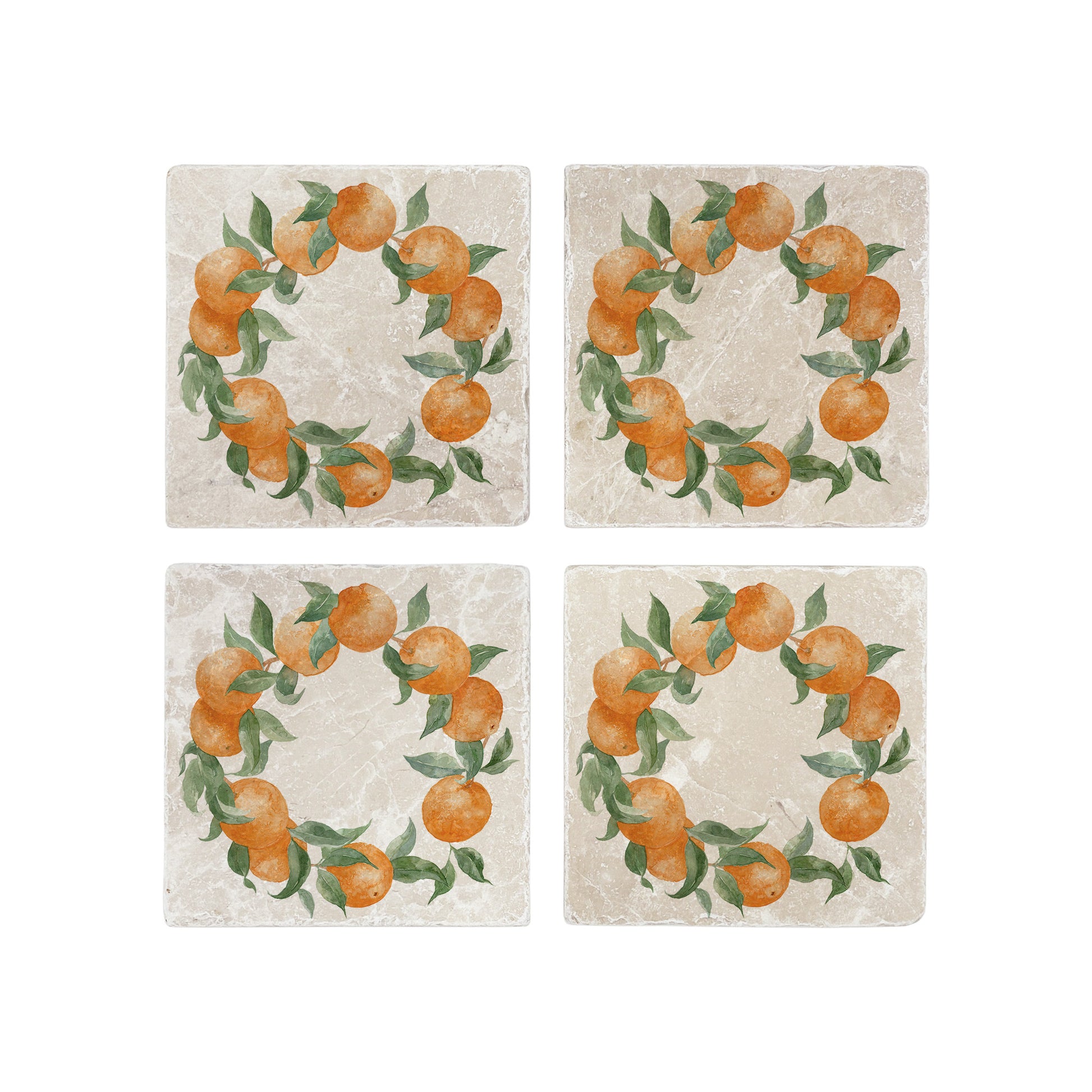 A set of 4 square marble coasters, featuring a rustic watercolour wreath of orange branches.