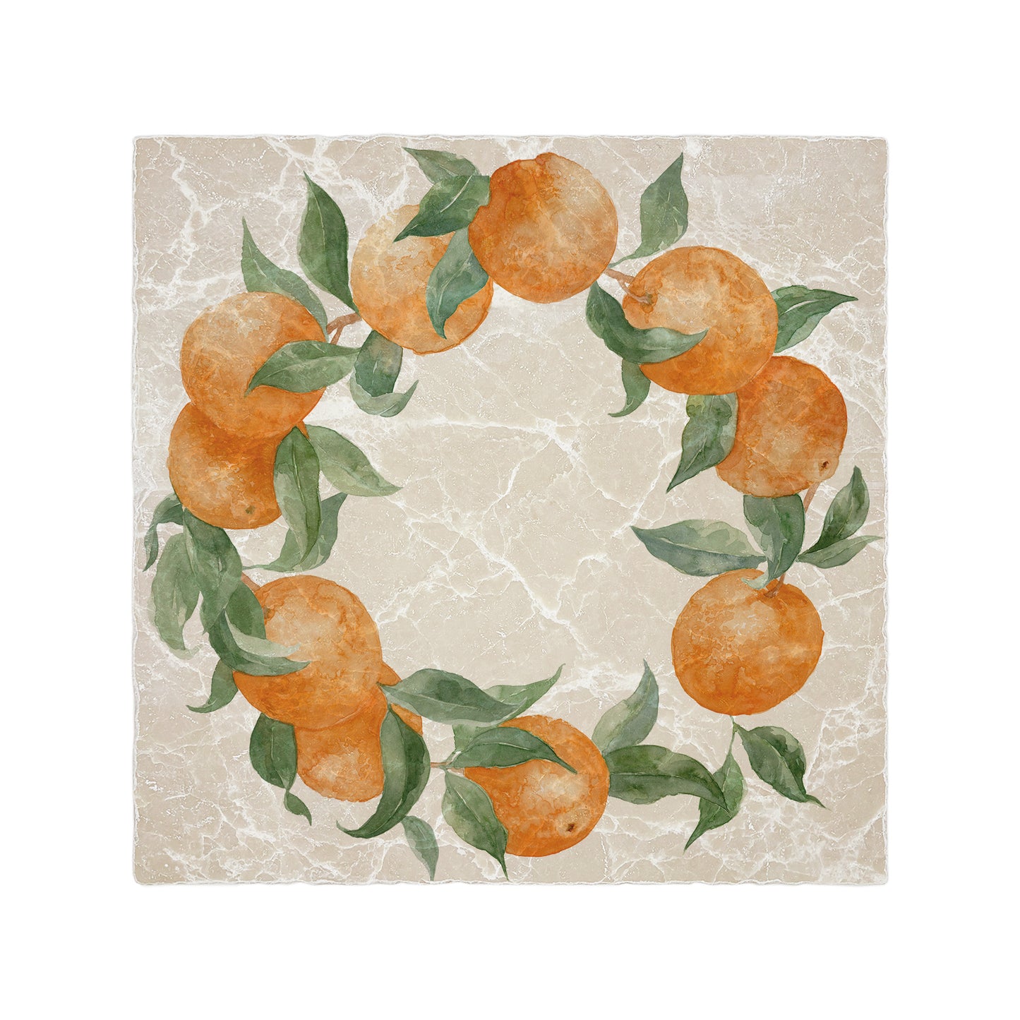 A large square marble placemat, featuring a rustic oranges and leaves wreath design.