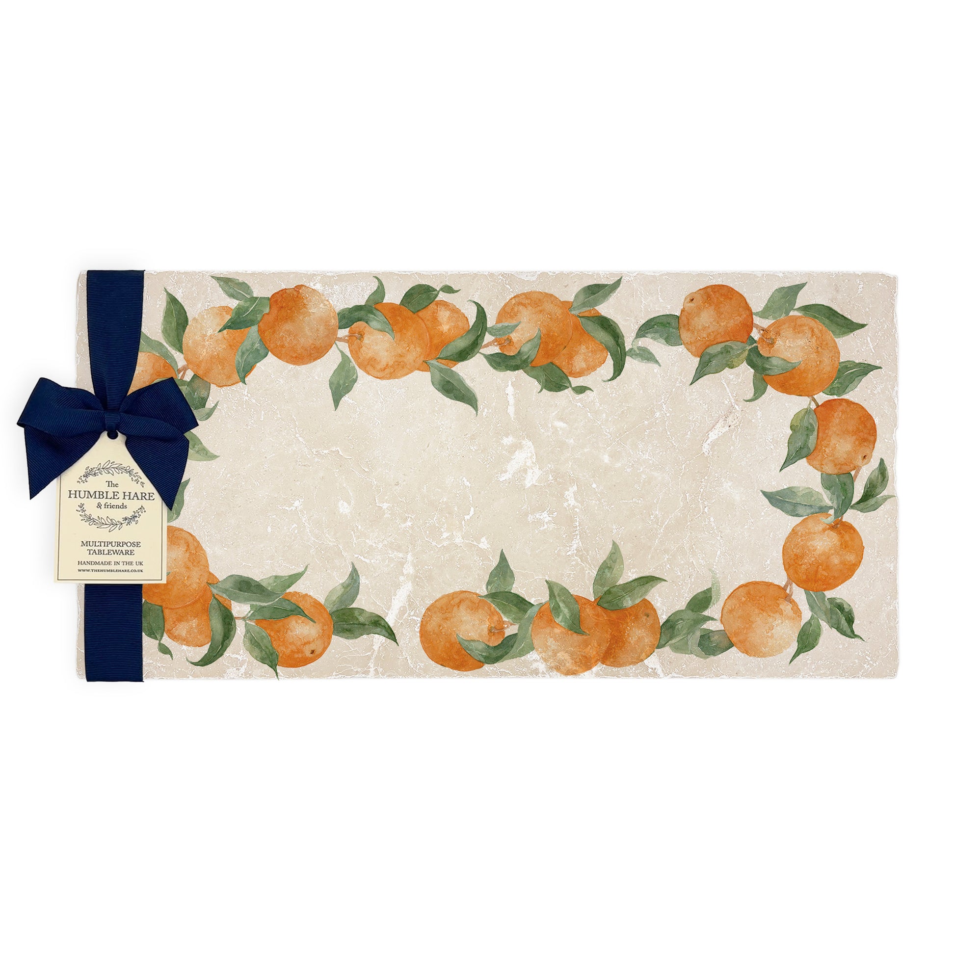 A rectangular marble sharing platter, featuring a watercolour orange wreath design that frames the platter.