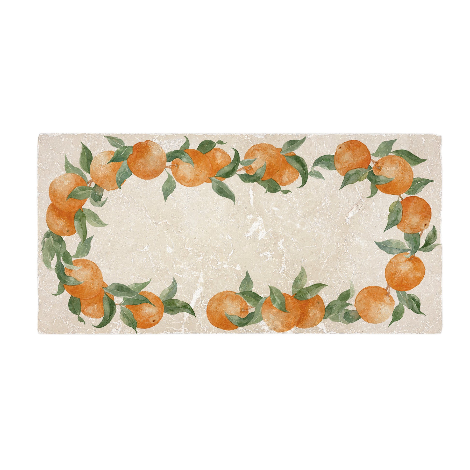 A rectangular marble sharing platter, featuring a watercolour orange wreath design that frames the platter.