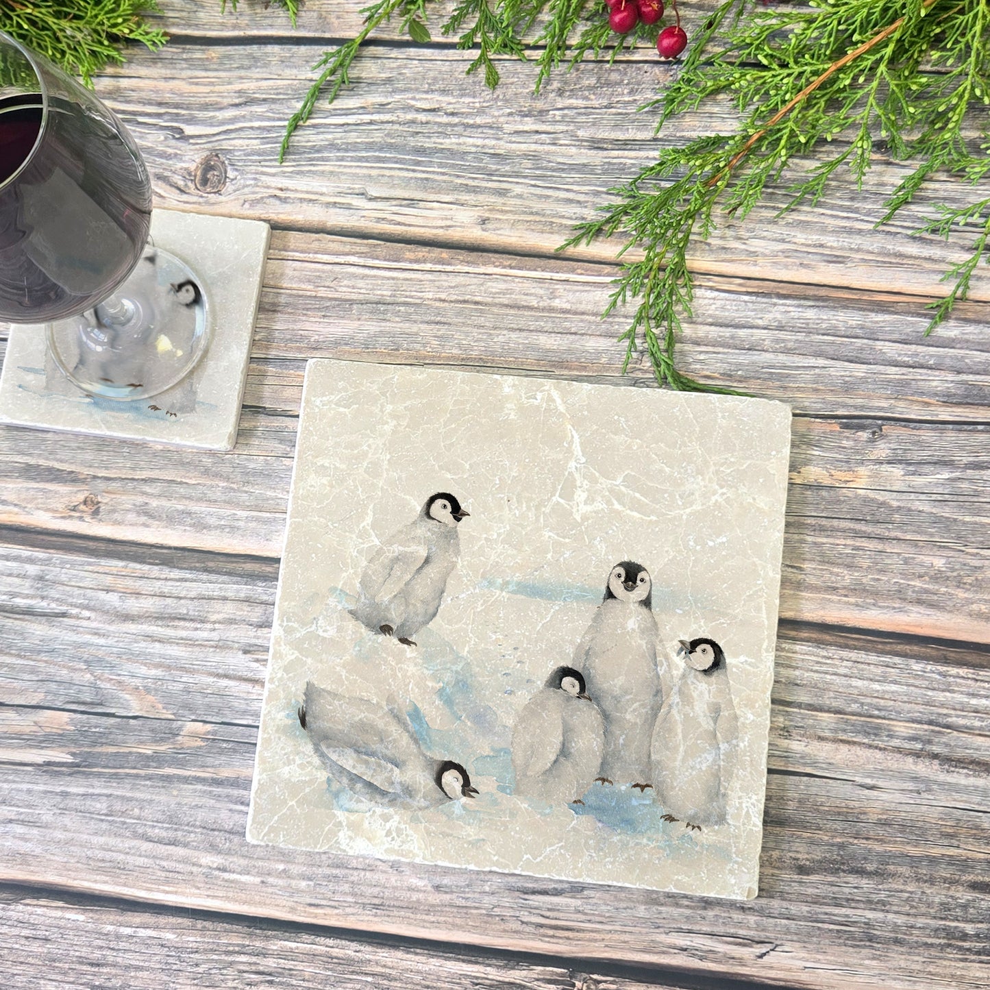 Beautiful Penguin family huddled together on our best selling medium platter they are in a snowy Antarctica the perfect gift.