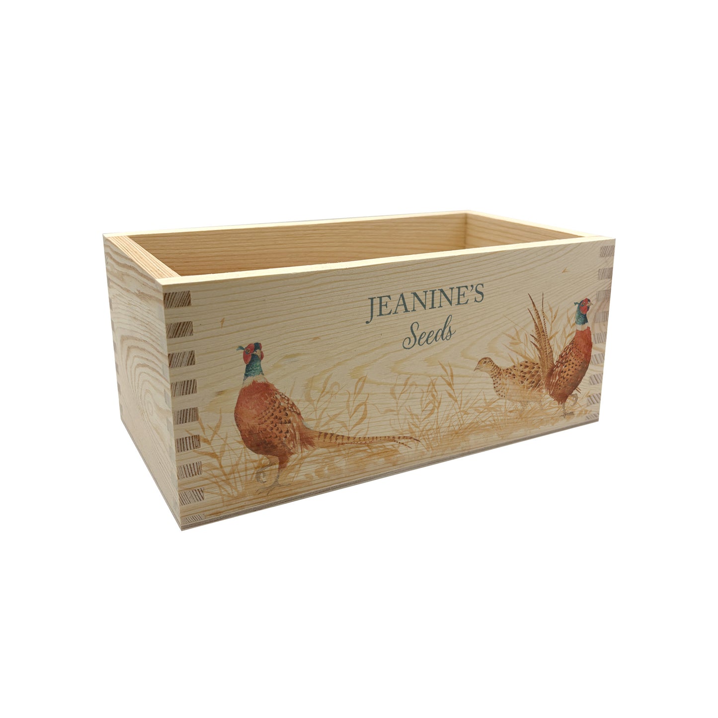 A rectangle wooden planter box with a watercolour design of pheasants in a field of golden grass. The planter can be personalised with a name and a selection of custom phrases to suit any occasion including birthday, wedding, anniversary, engagement, and new home.