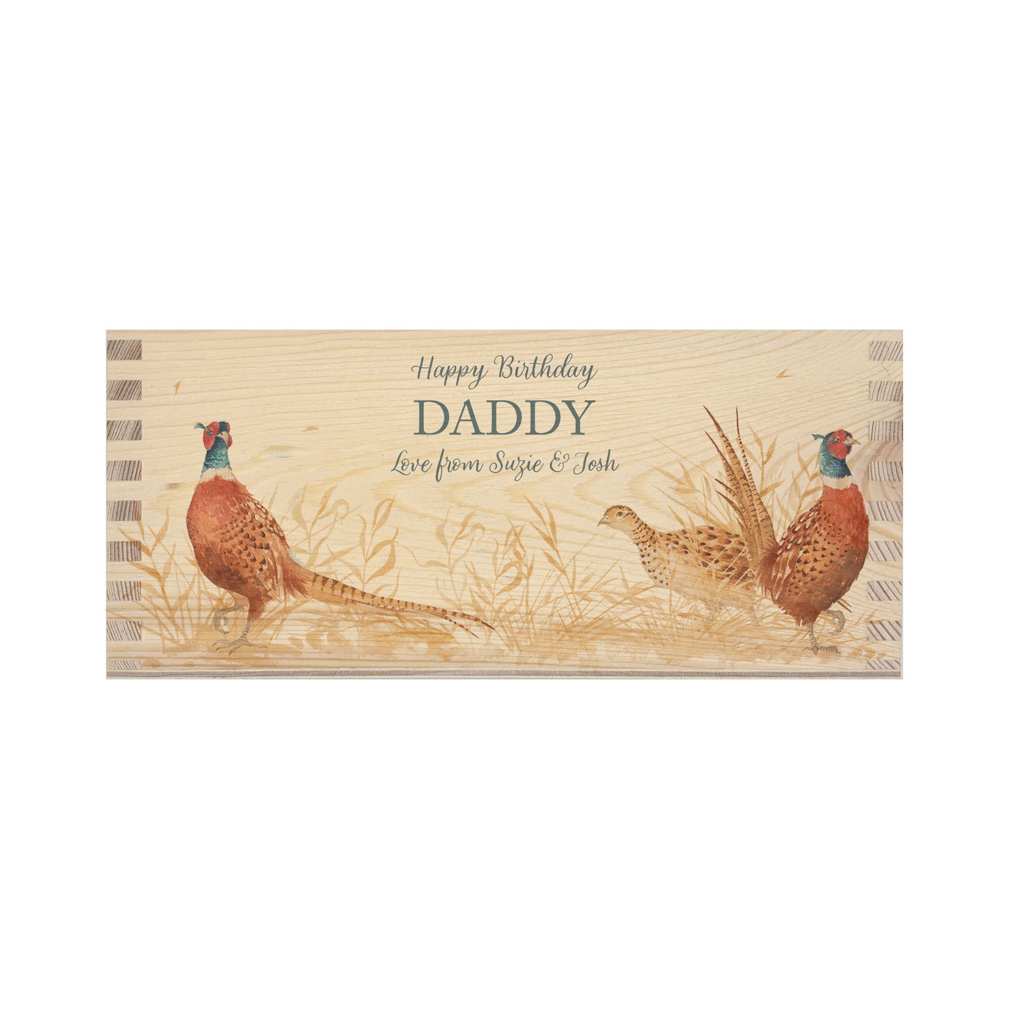 A rectangle wooden planter box with a watercolour design of pheasants in a field of golden grass. The planter can be personalised with a name and a selection of custom phrases to suit any occasion including birthday, wedding, anniversary, engagement, and new home.