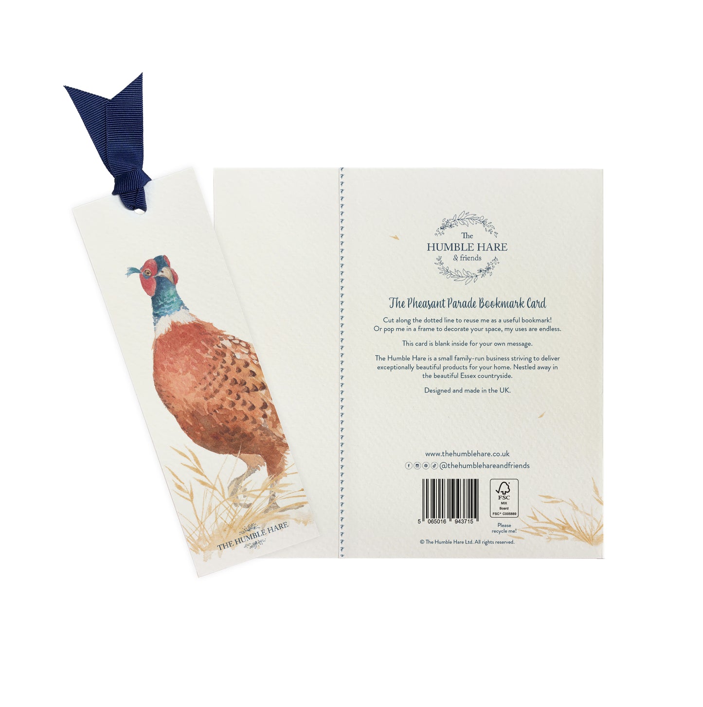 The back of a greetings card showing that it can be reused as a bookmark featuring a pheasant in a watercolour style.