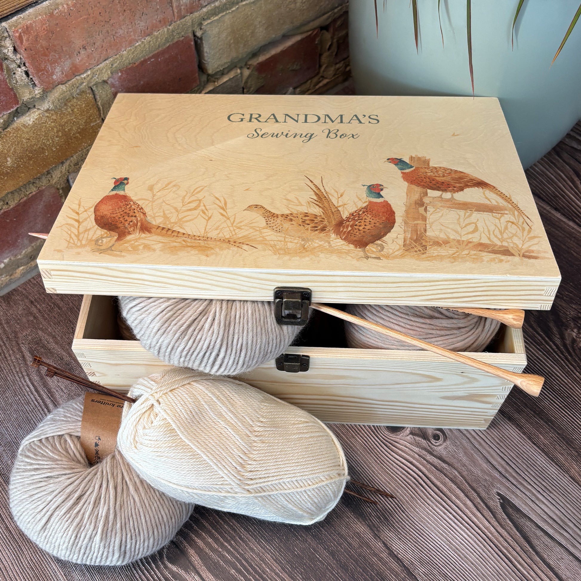 Large wooden pine gift box, The perfect Personalised keepsake, multipurpose, memory box, storage box with three male pheasants and one female pheasant in a crop field. The design  features our classic gentle watercolour style. The best was to offer a truly unique gift for a loved ones. Great for the knitting stash