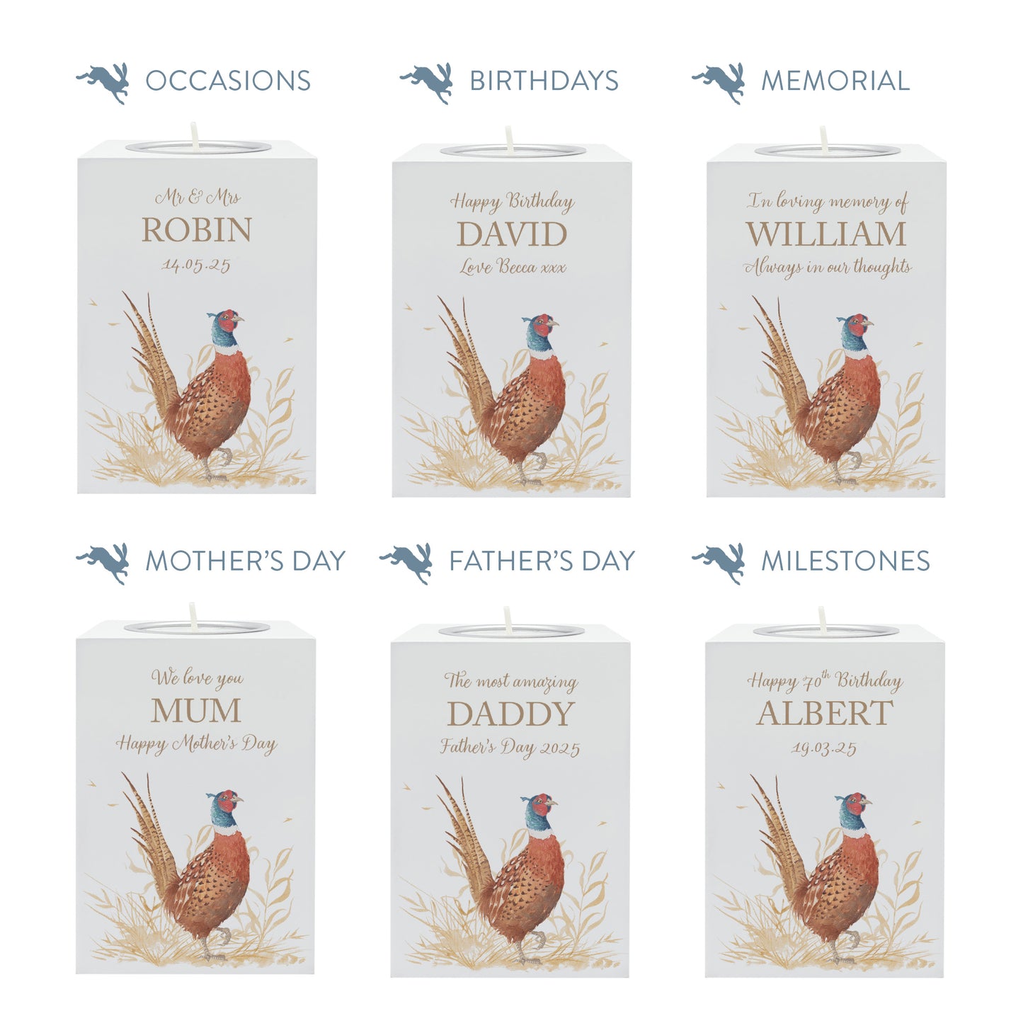 wooden cuboid luxury tealight holder with gorgeous personalised options . Each product is lovingly designed, handmade with our Countryside inspired watercolour designs. This design features a vibrant male pheasant and a farmers crop field. unique designs for a truly one off special occasion for a loved one.