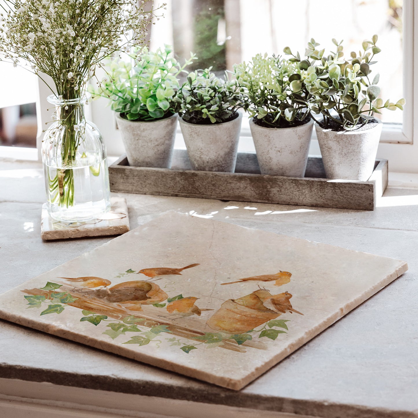 A large handmade marble platter with a watercolour design of a rabble of robins causing mischief on a shelf of plant pots. The platter is on a windowsill with plants.