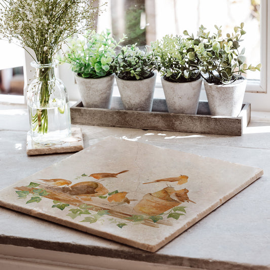 A large handmade marble platter with a watercolour design of a rabble of robins causing mischief on a shelf of plant pots. The platter is on a windowsill with plants.
