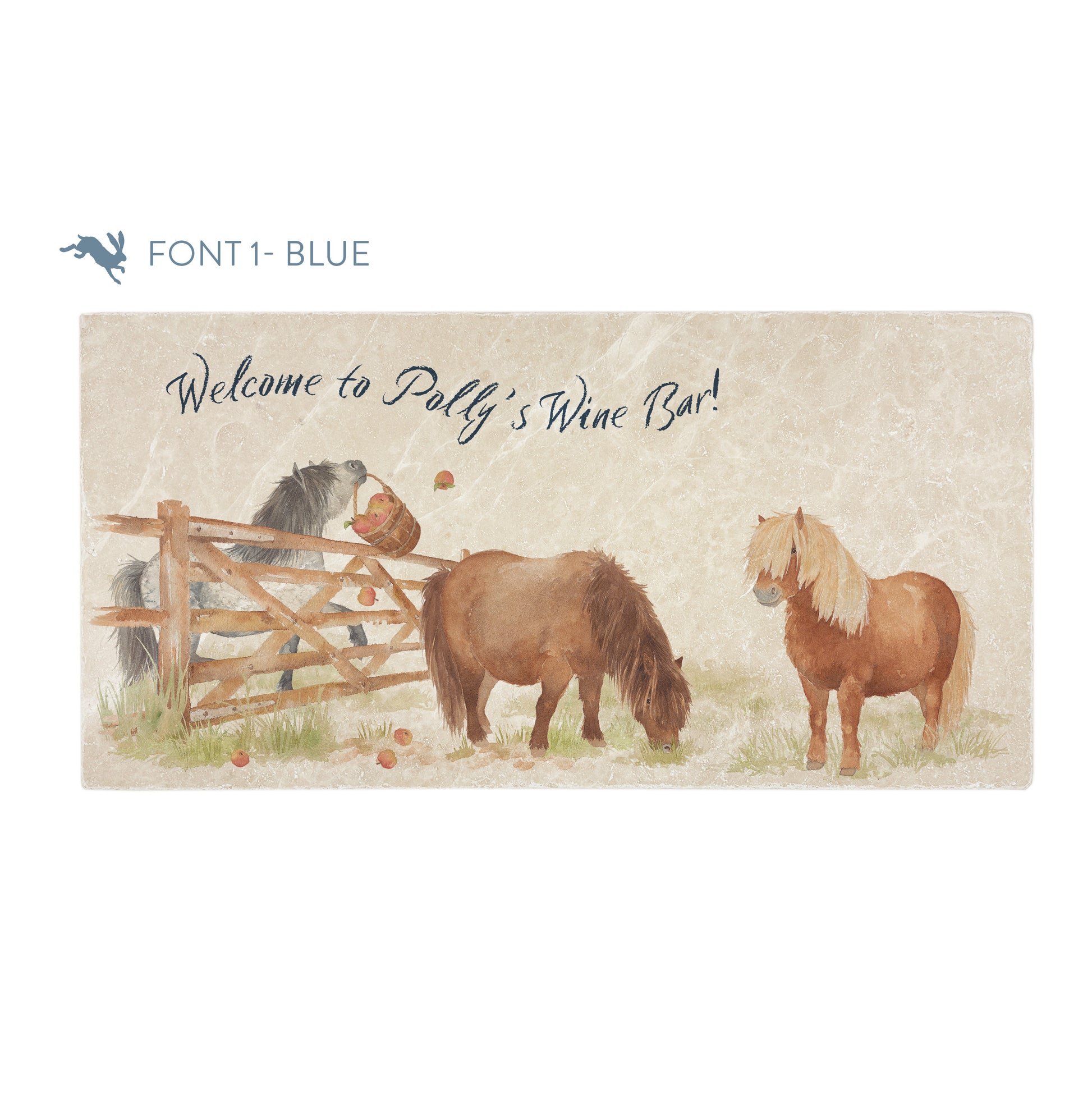 A personalised rectangular marble sharing platter featuring cheeky Shetland ponies in a watercolour style. The example personalised dark blue text reads ‘Welcome to Polly's Wine Bar’ in a brush script font.