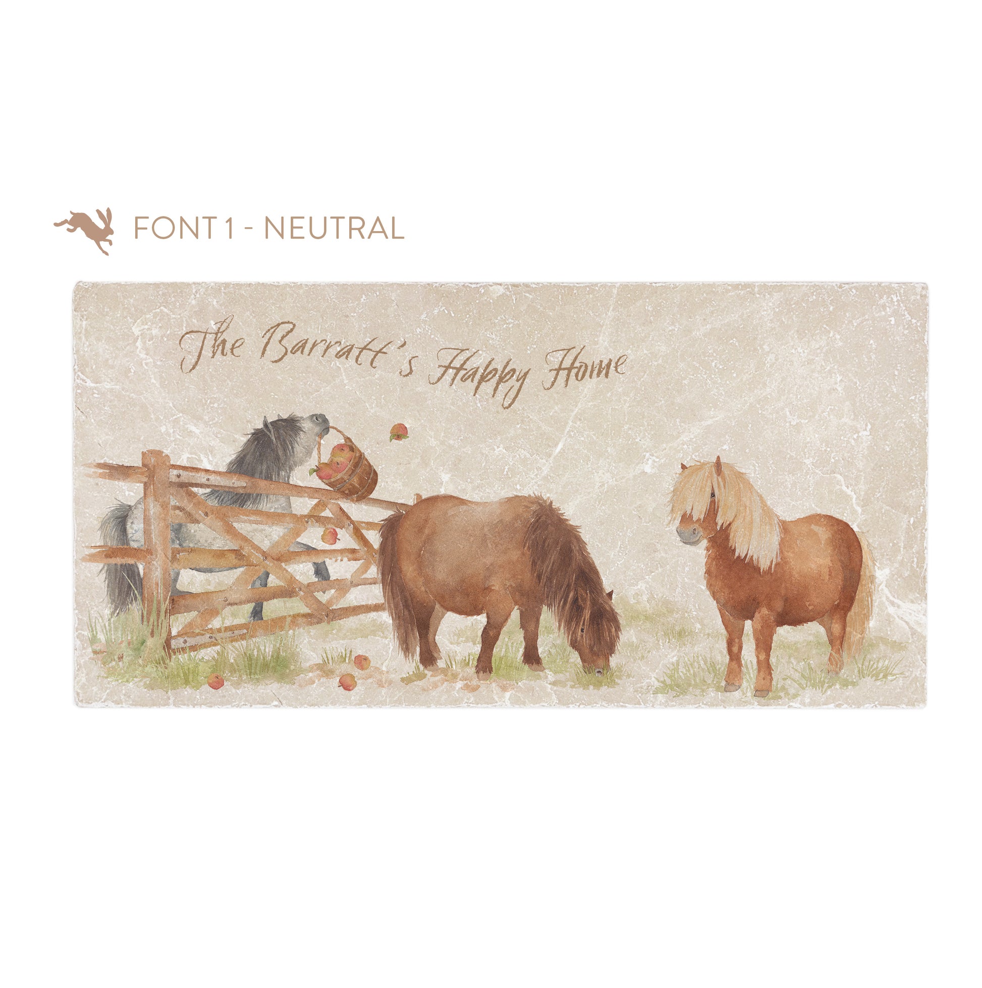A personalised rectangular marble sharing platter featuring cheeky Shetland ponies in a watercolour style. The example personalised neutral colour text reads ‘The Barratt's Happy Home’ in a brush script font.