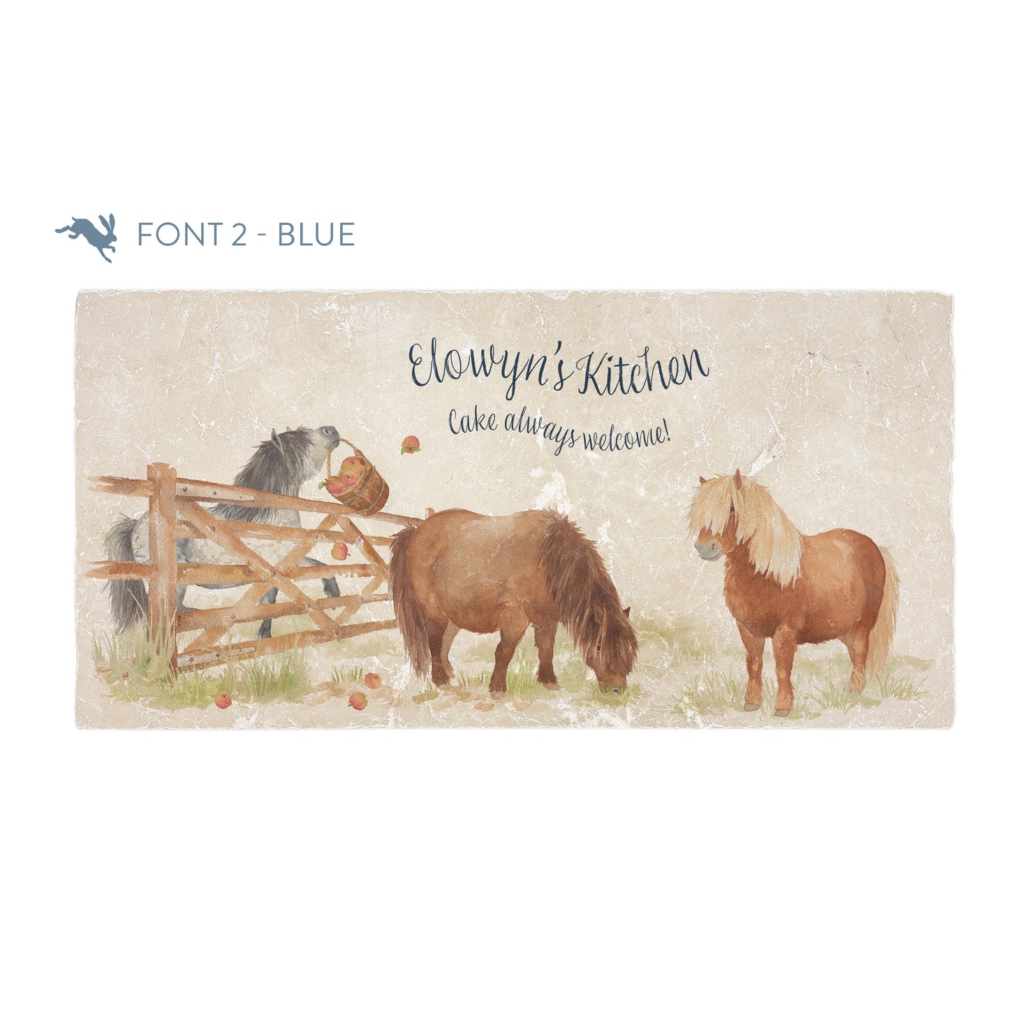 A personalised rectangular marble sharing platter featuring cheeky Shetland ponies in a watercolour style. The example personalised dark blue text reads ‘Elowyn's Kitchen, Cake always welcome!' in a brush script font.