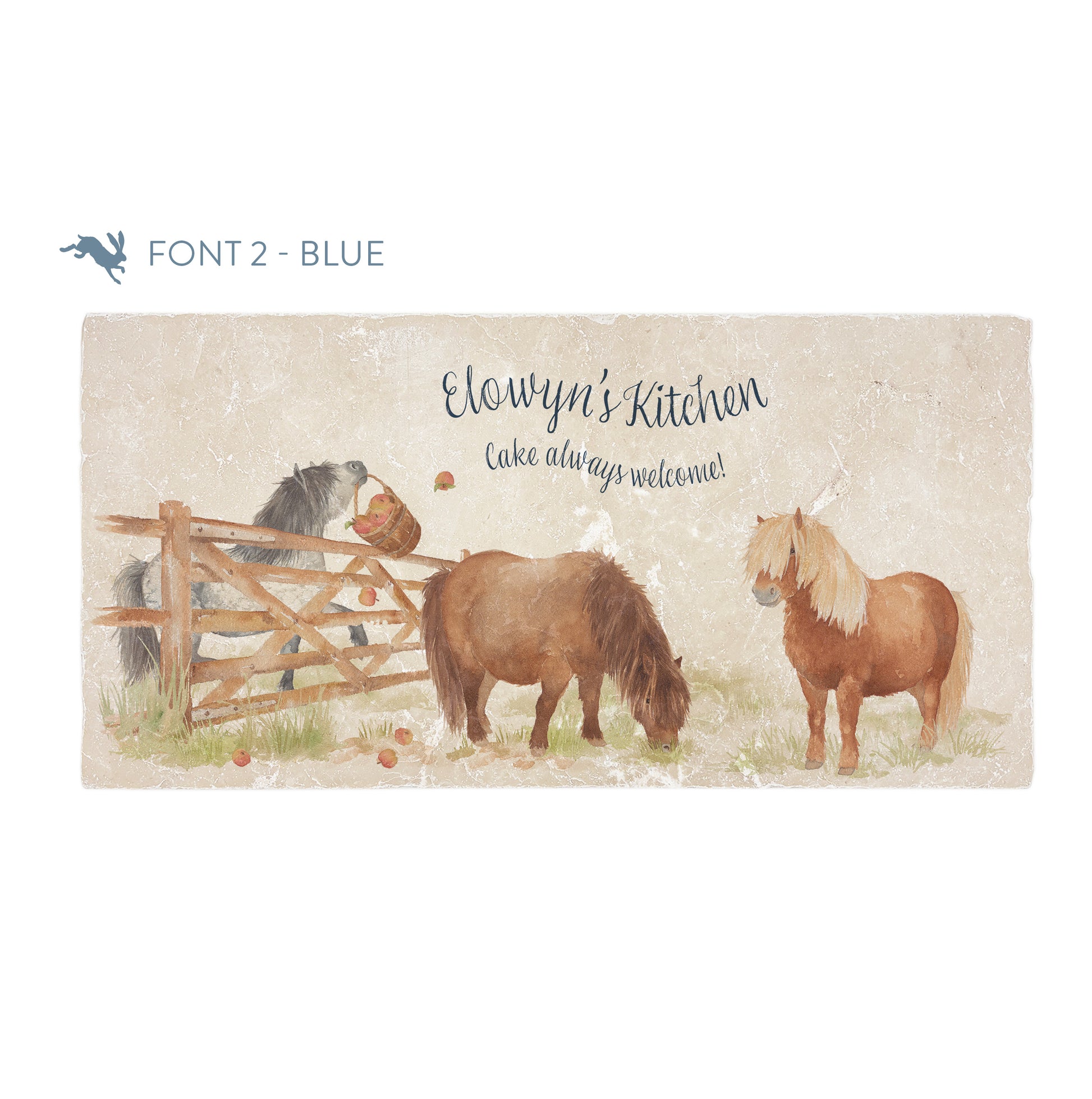 A personalised rectangular marble sharing platter featuring cheeky Shetland ponies in a watercolour style. The example personalised dark blue text reads ‘Elowyn's Kitchen, Cake always welcome!' in a brush script font.