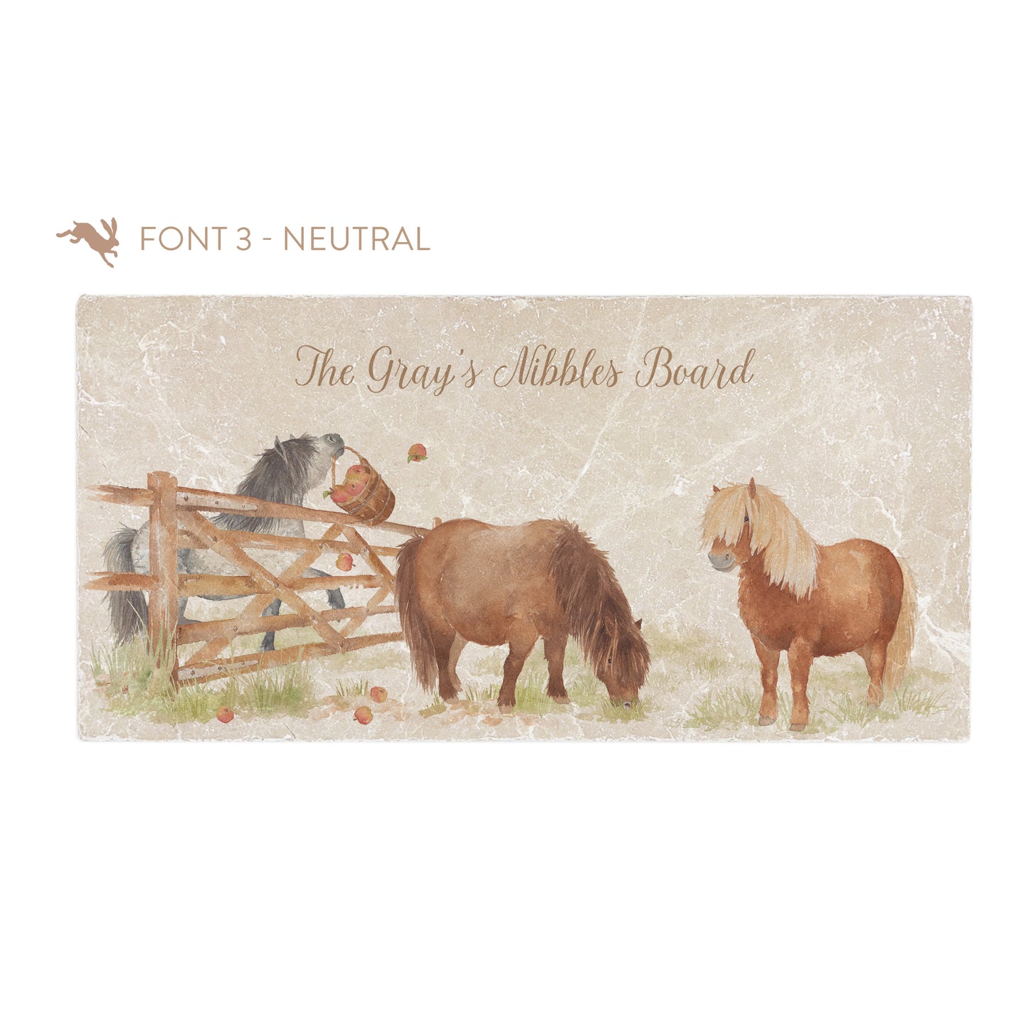 A personalised rectangular marble sharing platter featuring cheeky Shetland ponies in a watercolour style. The example personalised neutral colour text reads ‘The Gray's Nibbles Board’ in a brush script font.