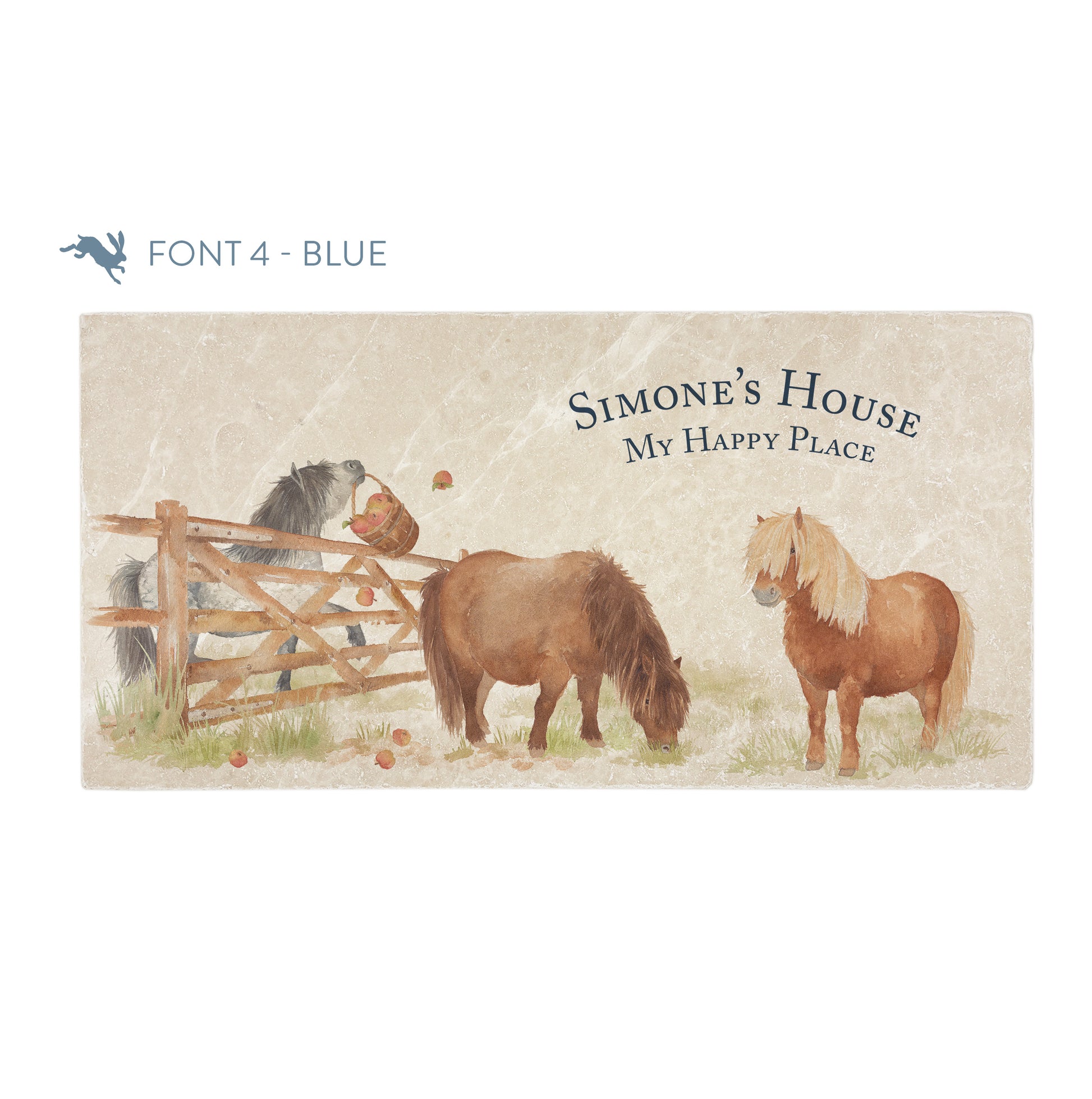 A personalised rectangular marble sharing platter featuring cheeky Shetland ponies in a watercolour style. The example personalised dark blue text reads ‘Simone's House, My Happy Place' in a classic serif font.