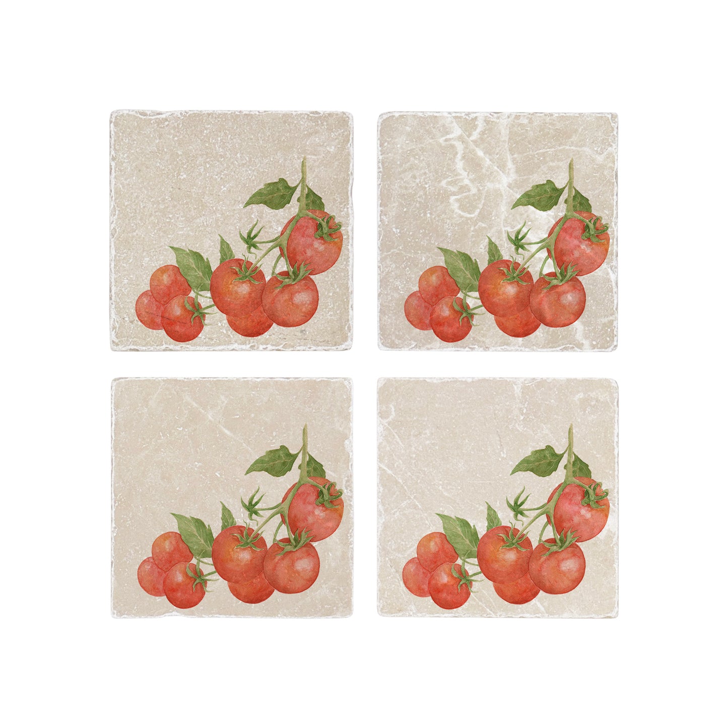 Marble coasters set of 4, featuring The Humble Hares Watercolour designs. This design shows a watercolour Tomatoes on a vine. Perfect for the vegetable Garden Lover