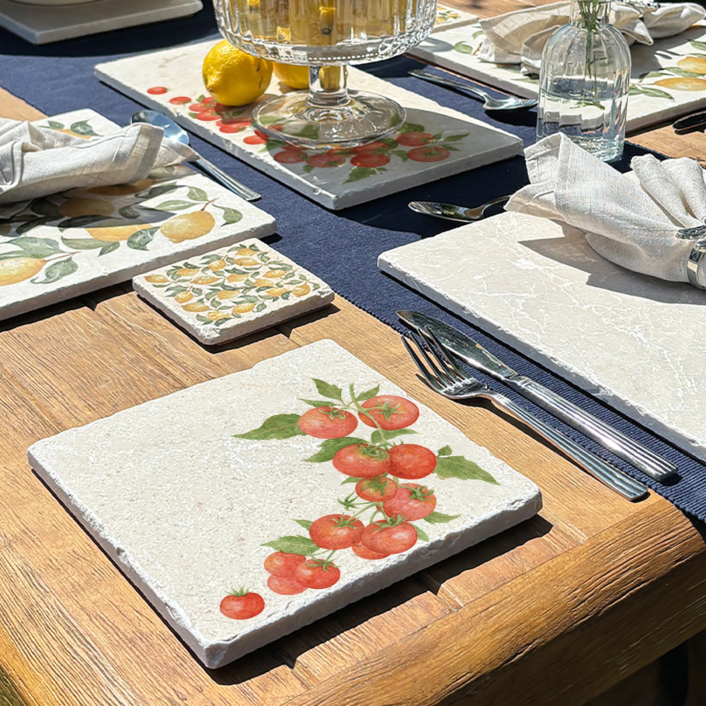 Marble medium platter with The Humble Hares Watercolour designs. This design shows a watercolour Tomatoes on a vine. Perfect for the vegetable Garden Lover