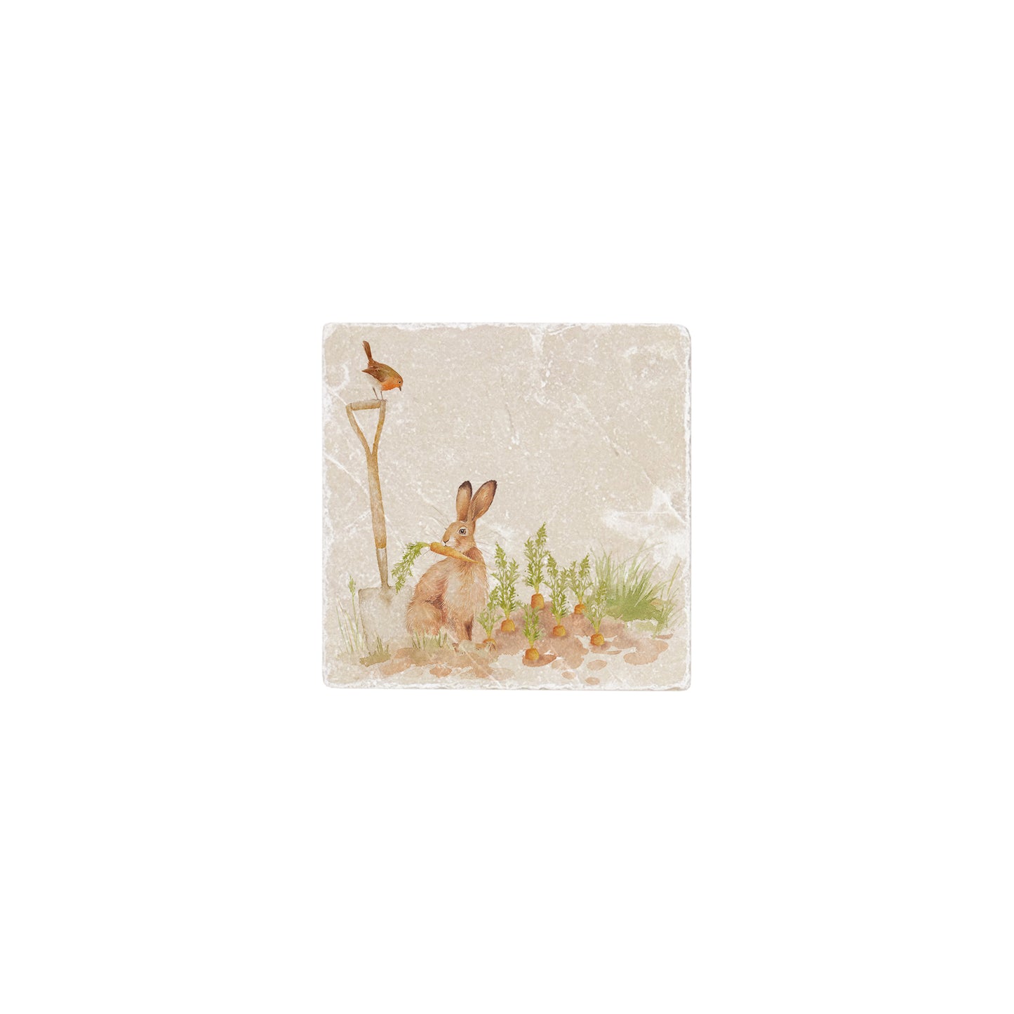 A cream marble splashback tile featuring a watercolour vegetable patch design, with a hare eating carrots and robin sat on a garden spade.