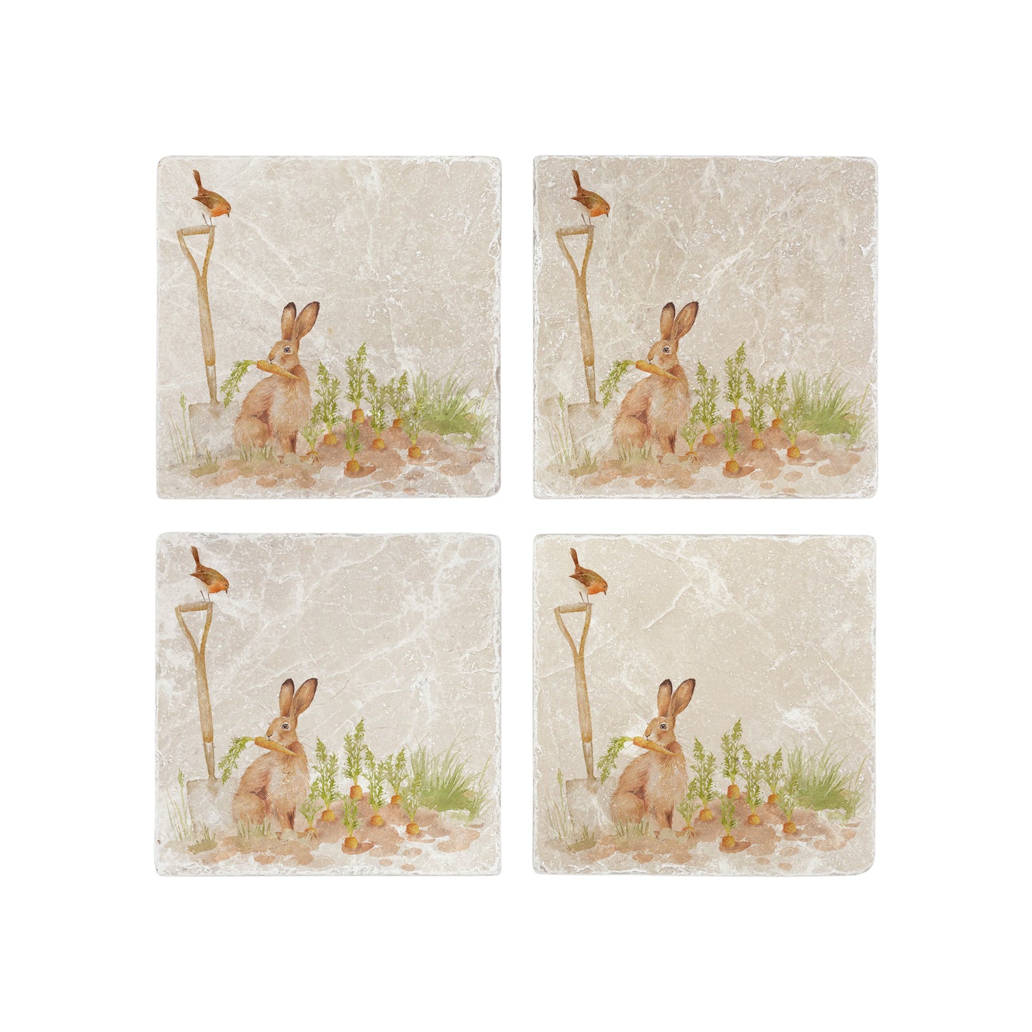 A set of 4 handmade cream marble coasters, featuring a watercolour vegetable patch design. The design shows a hare eating carrots and a robin sitting on a garden spade.