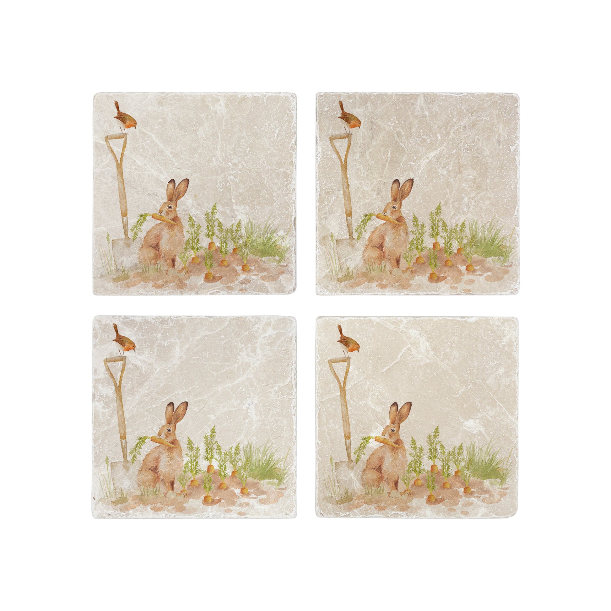 A set of 4 handmade cream marble coasters, featuring a watercolour vegetable patch design. The design shows a hare eating carrots and a robin sitting on a garden spade.