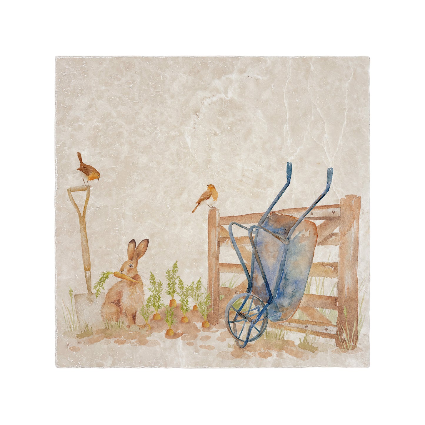A handmade square cream marble splashback tile featuring a watercolour vegetable patch design.