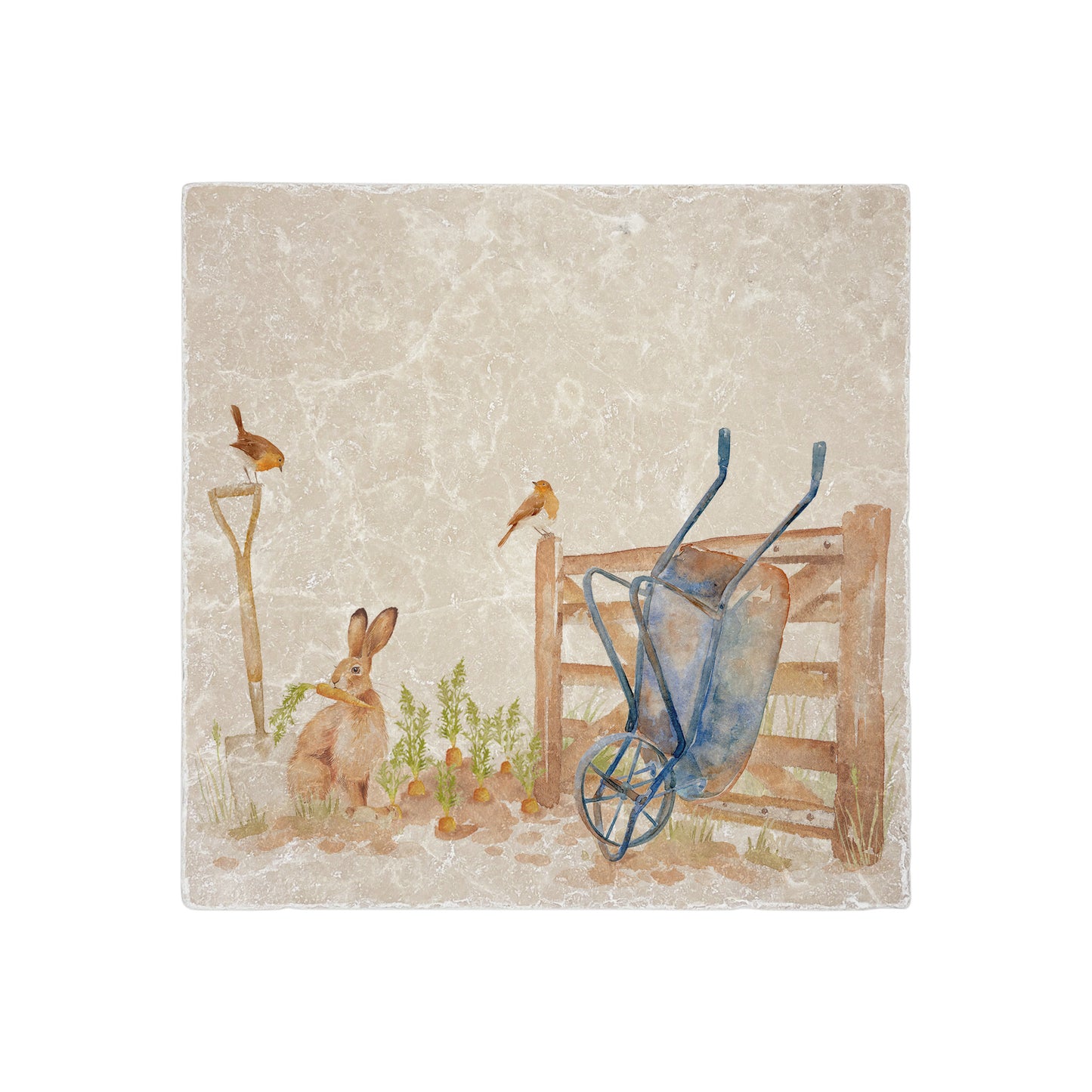 A medium square multipurpose marble platter, featuring a watercolour vegetable patch design showing a hare eating the carrots and robins keeping watch for the gardener!