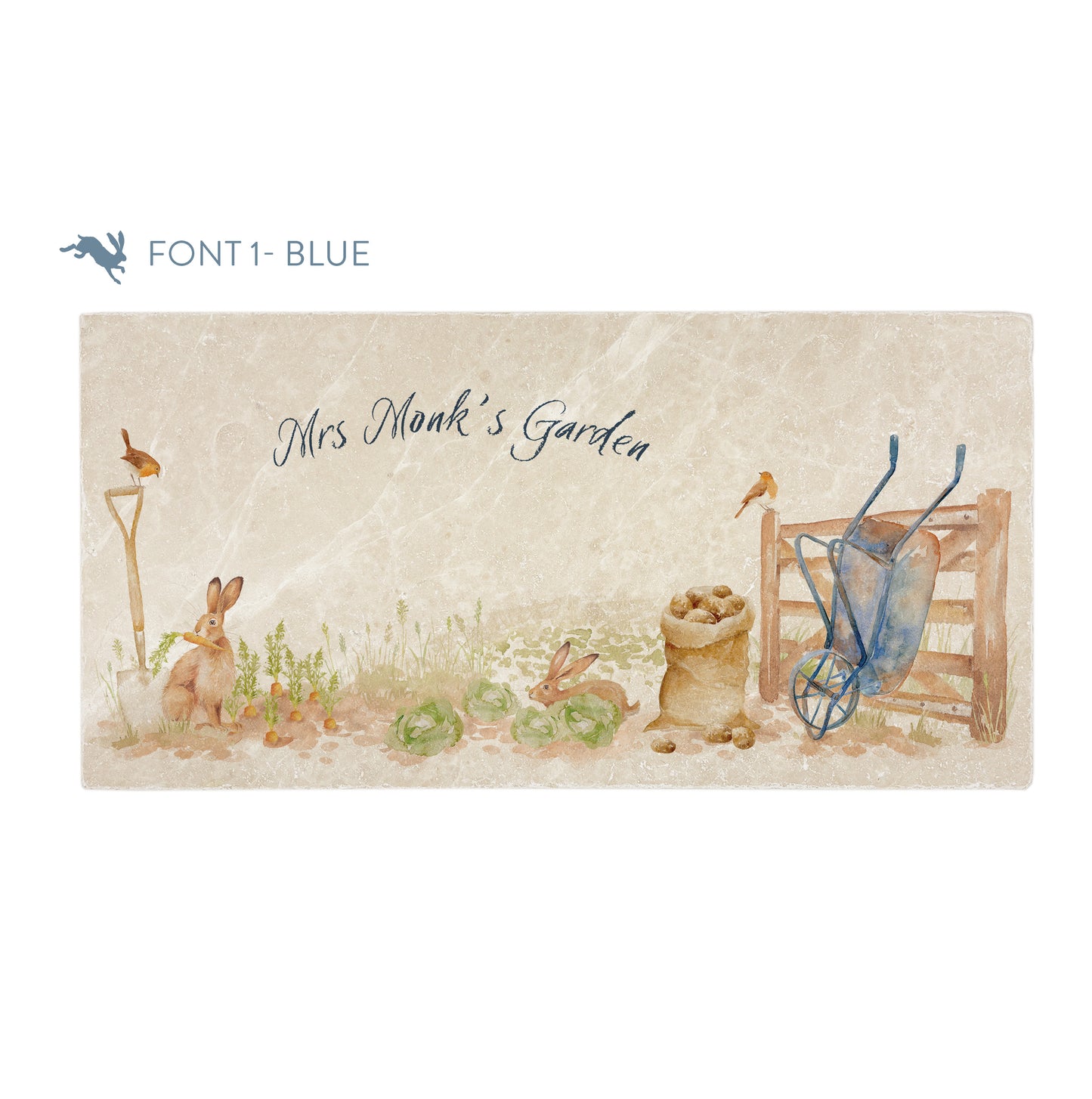 A personalised rectangular marble sharing platter featuring hares and robins in a vegetable patch in a watercolour style. The example personalised dark blue text reads ‘Mrs Monk's Garden’ in a brush script font.