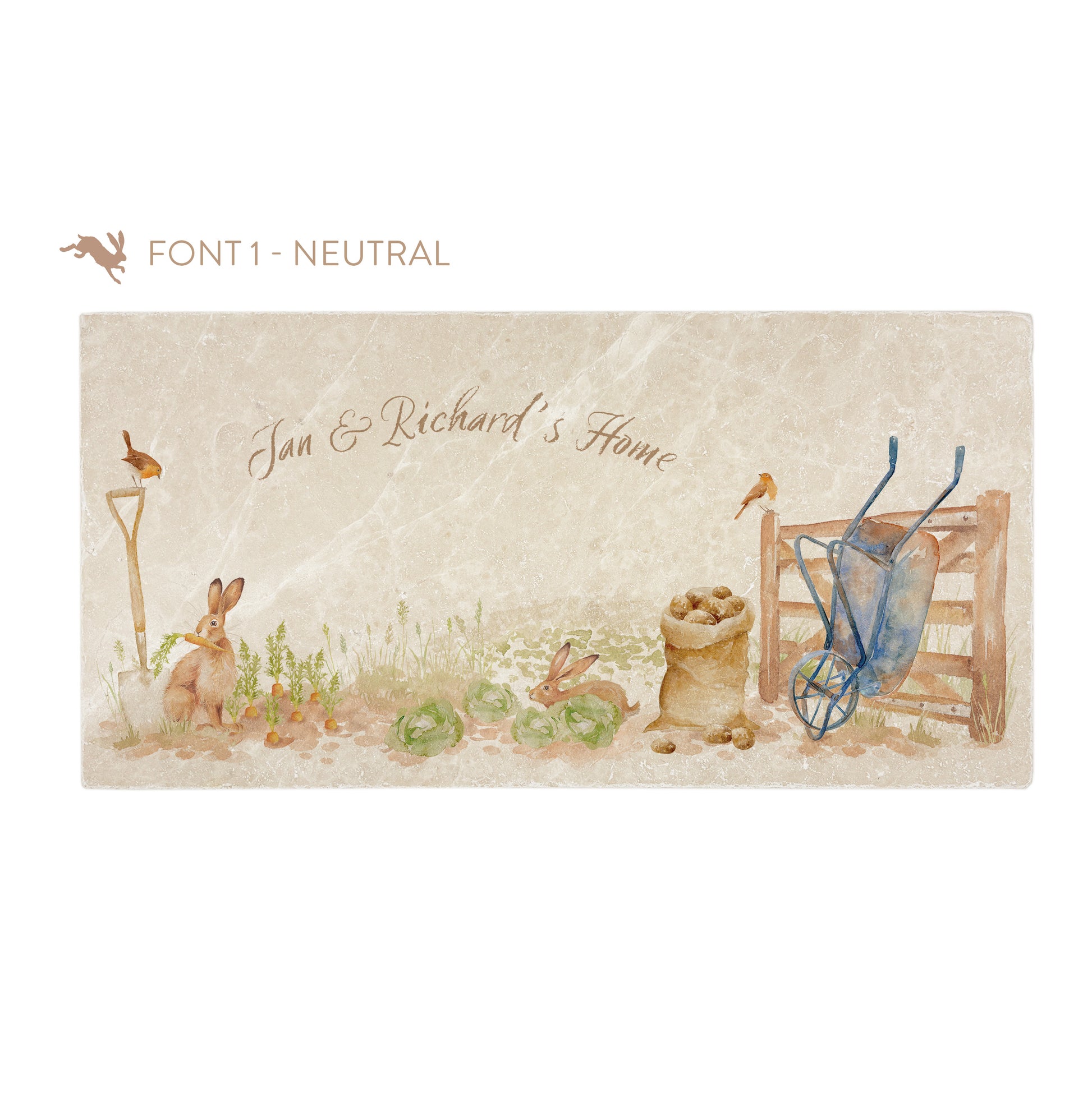 A personalised rectangular marble sharing platter featuring hares and robins in a vegetable patch in a watercolour style. The example personalised neutral colour text reads ‘Jan & Richard's Home’ in a brush script font.