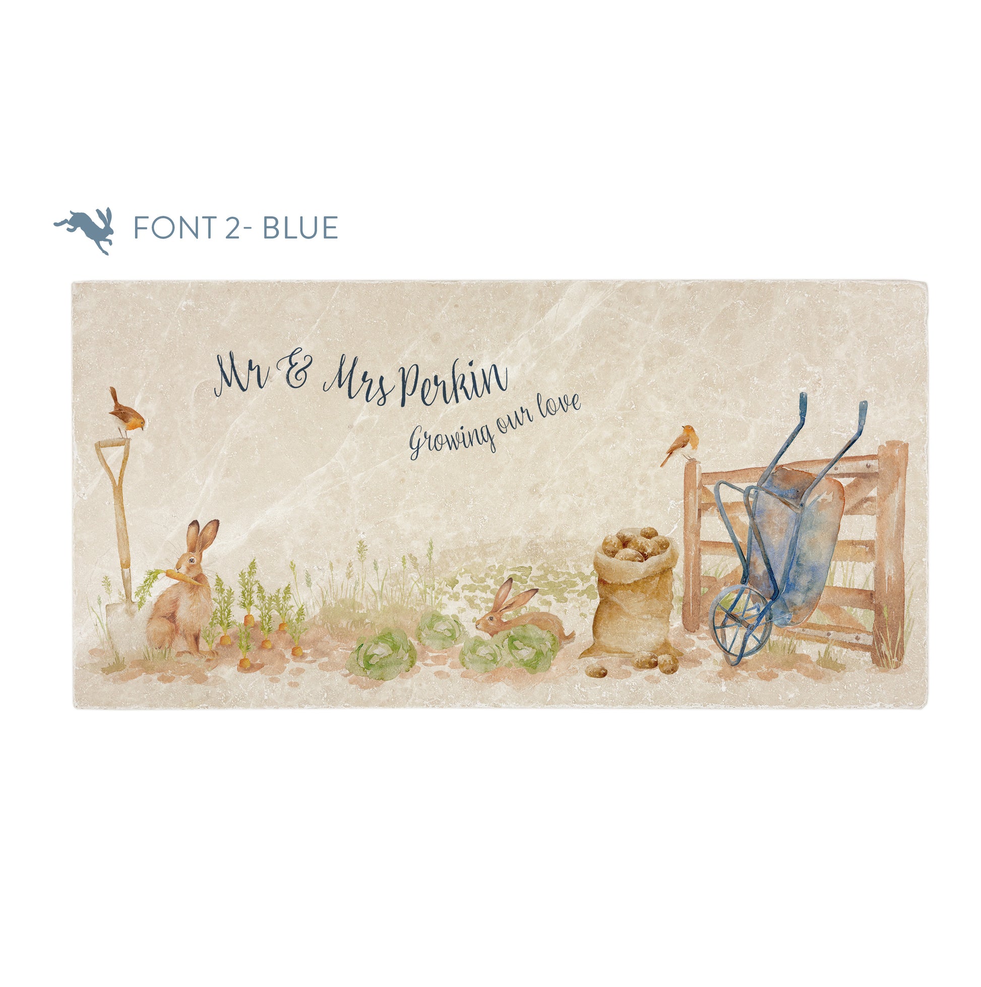 A personalised rectangular marble sharing platter featuring hares and robins in a vegetable patch in a watercolour style. The example personalised dark blue text reads ‘Mr & Mrs Perkin, Growing our love’ in a brush script font.