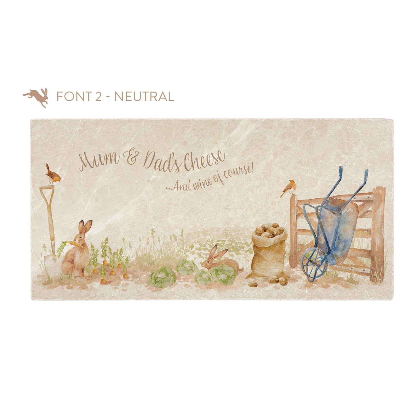 A personalised rectangular marble sharing platter featuring hares and robins in a vegetable patch in a watercolour style. The example personalised neutral colour text reads ‘Mum & Dad's Cheese...And wine of course!’ in a brush script font.