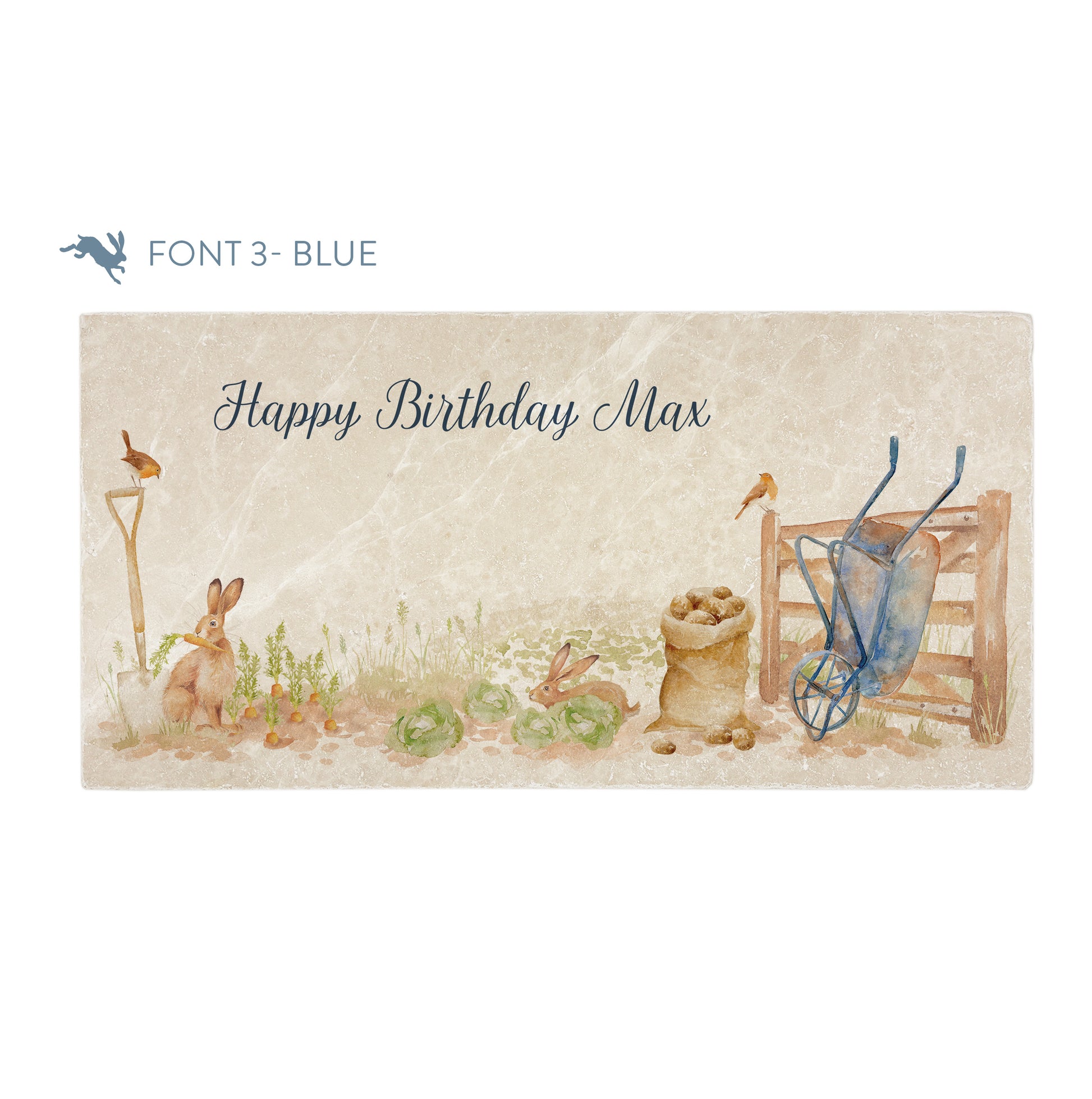A personalised rectangular marble sharing platter featuring hares and robins in a vegetable patch in a watercolour style. The example personalised dark blue text reads ‘Happy Birthday Max’ in a brush script font.