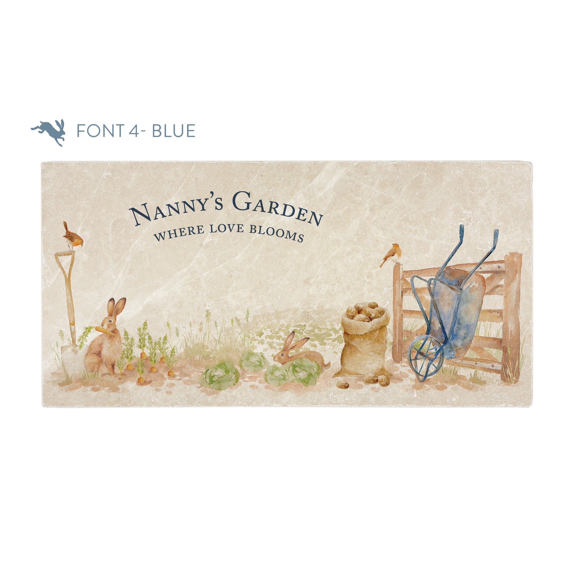 A personalised rectangular marble sharing platter featuring hares and robins in a vegetable patch in a watercolour style. The example personalised dark blue text reads ‘Nanny's Garden where love blooms' in a classic serif font.