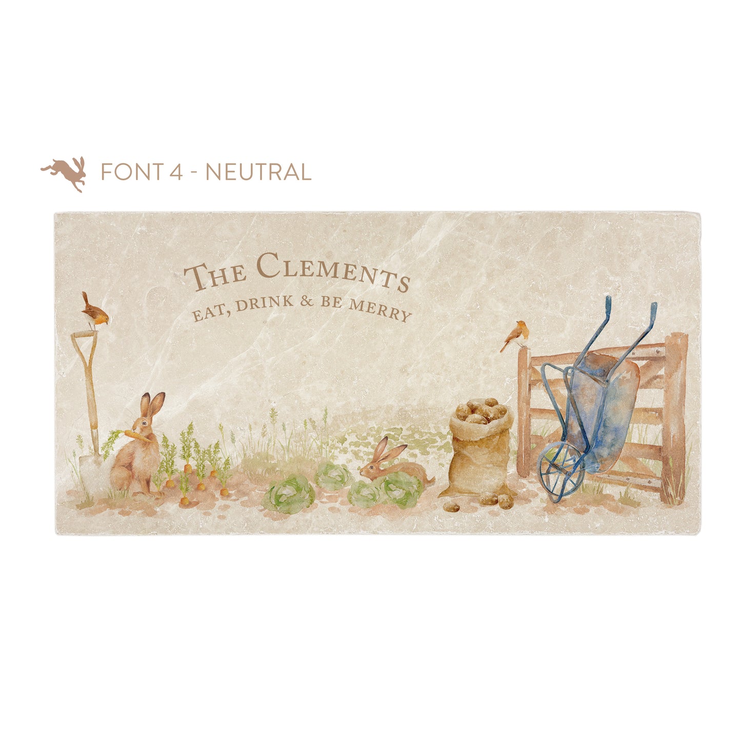 A personalised rectangular marble sharing platter featuring hares and robins in a vegetable patch in a watercolour style. The example personalised neutral colour text reads 'The Clements, Eat, Drink & Be Merry' in a classic serif font.