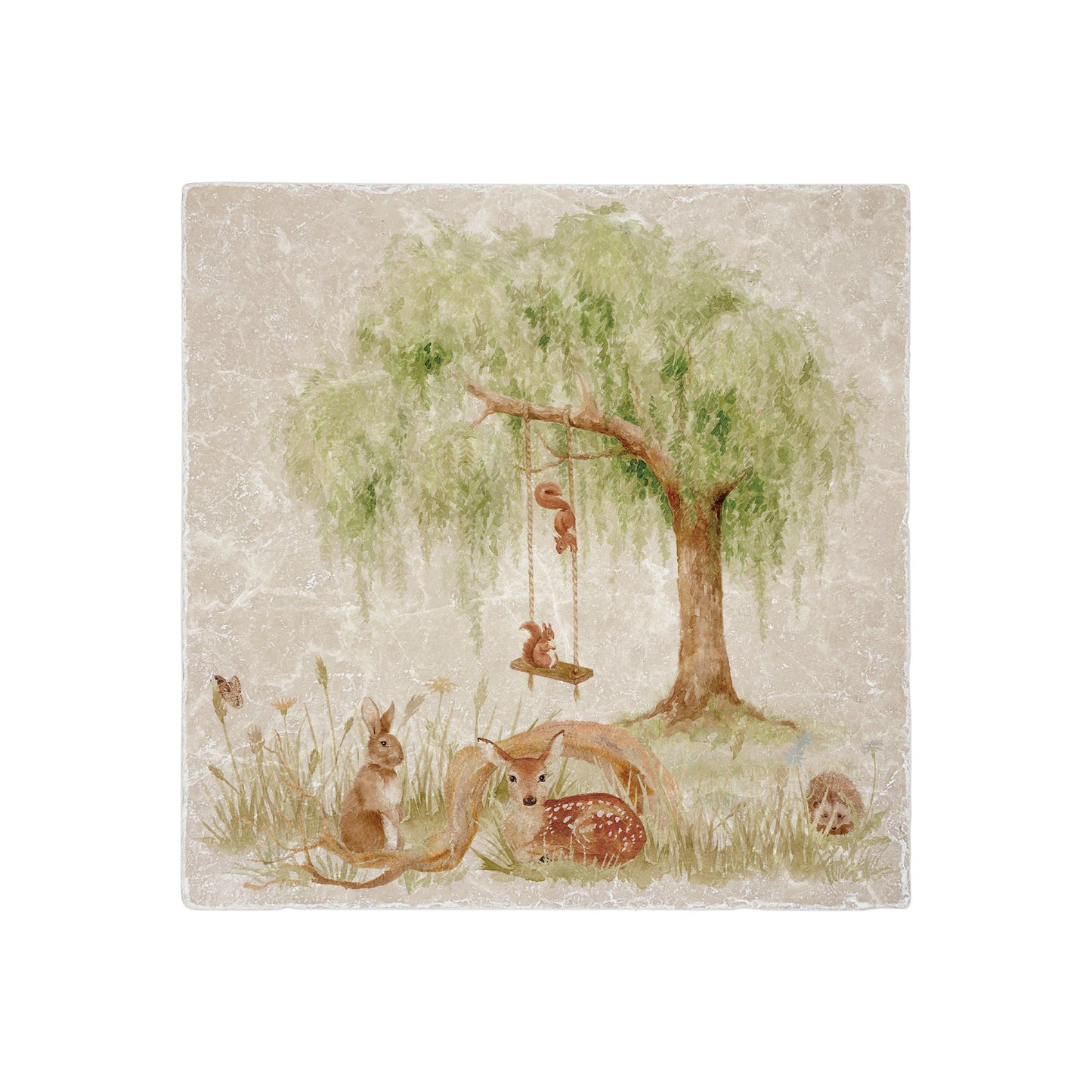 A handmade 20x20cm marble splashback tile featuring a watercolour countryside animal design of woodland animals under a willow tree.