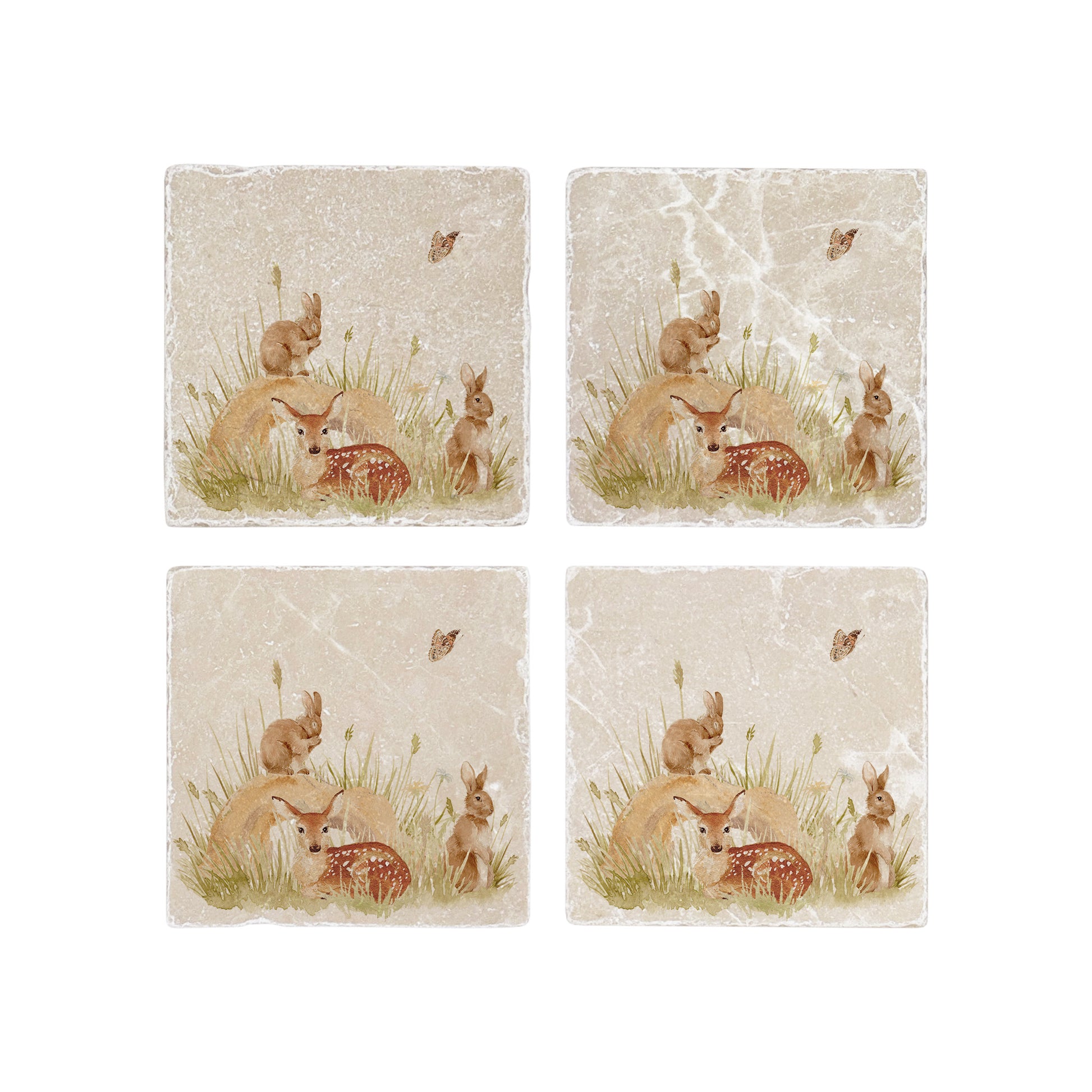A set of 4 handmade marble coasters featuring a watercolour scene of rabbits and a fawn.