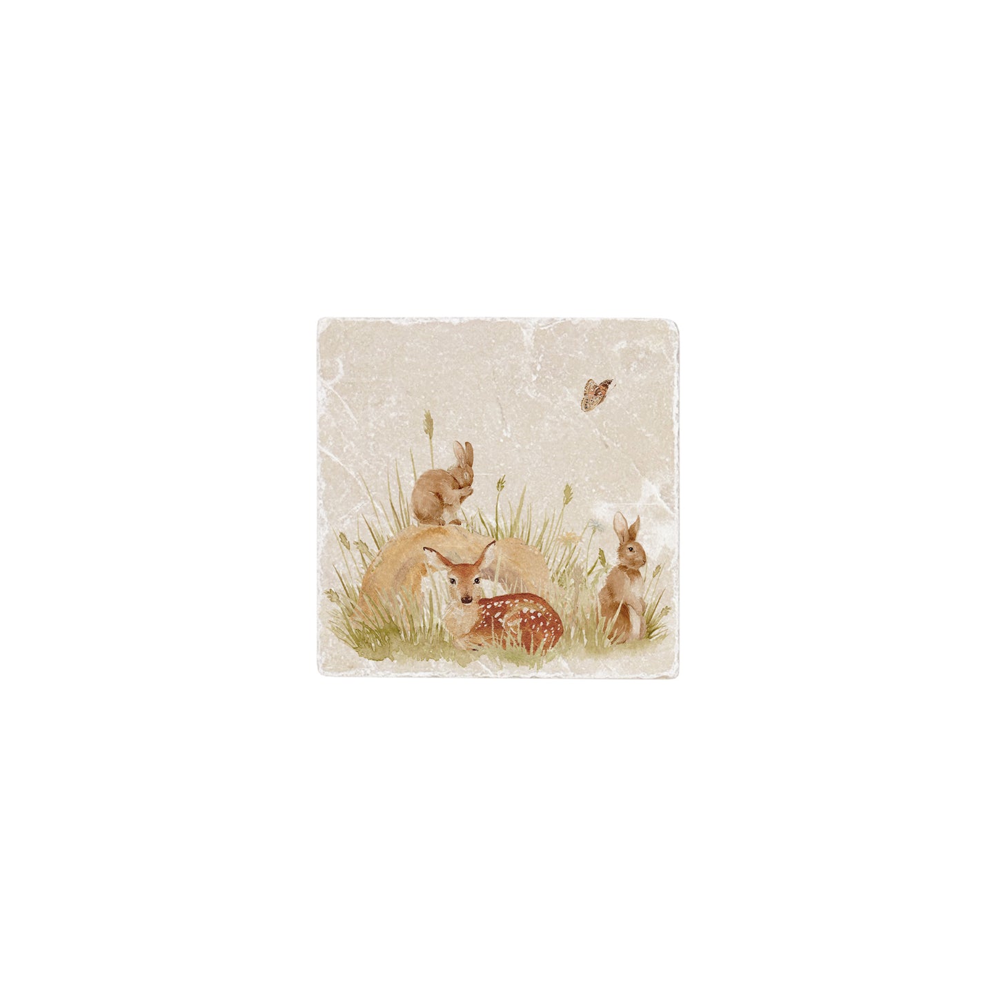 A square marble tile featuring a fawn and rabbits sheltering among the roots of a willow tree.